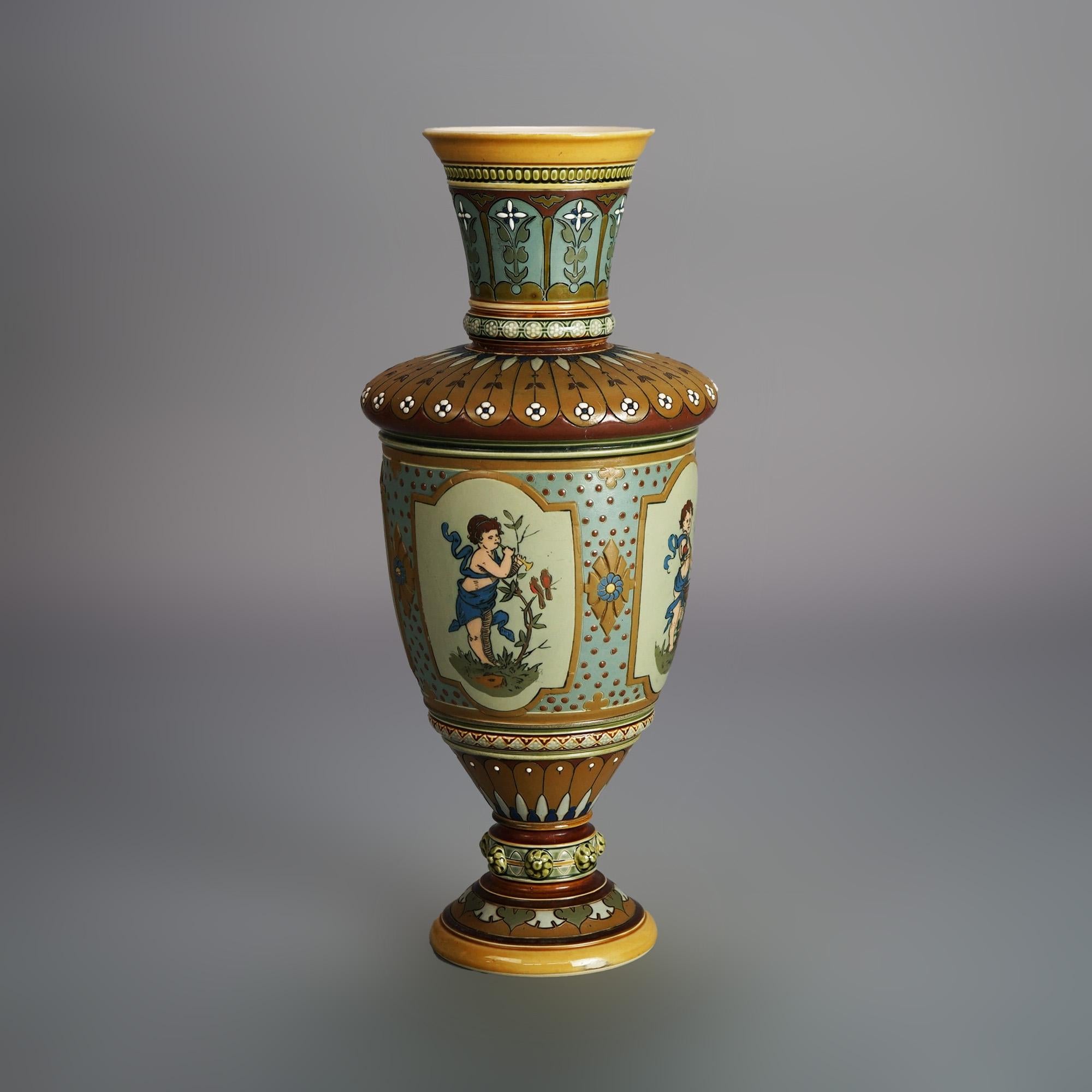 Antique Mettlach Neoclassical German Figural Cherub Decorated Pottery Vase, Signed on Base, C1900

Measures - 14.25