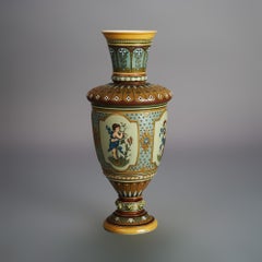 Antique Mettlach Neoclassical German Figural Cherub Decorated Pottery Vase C1900
