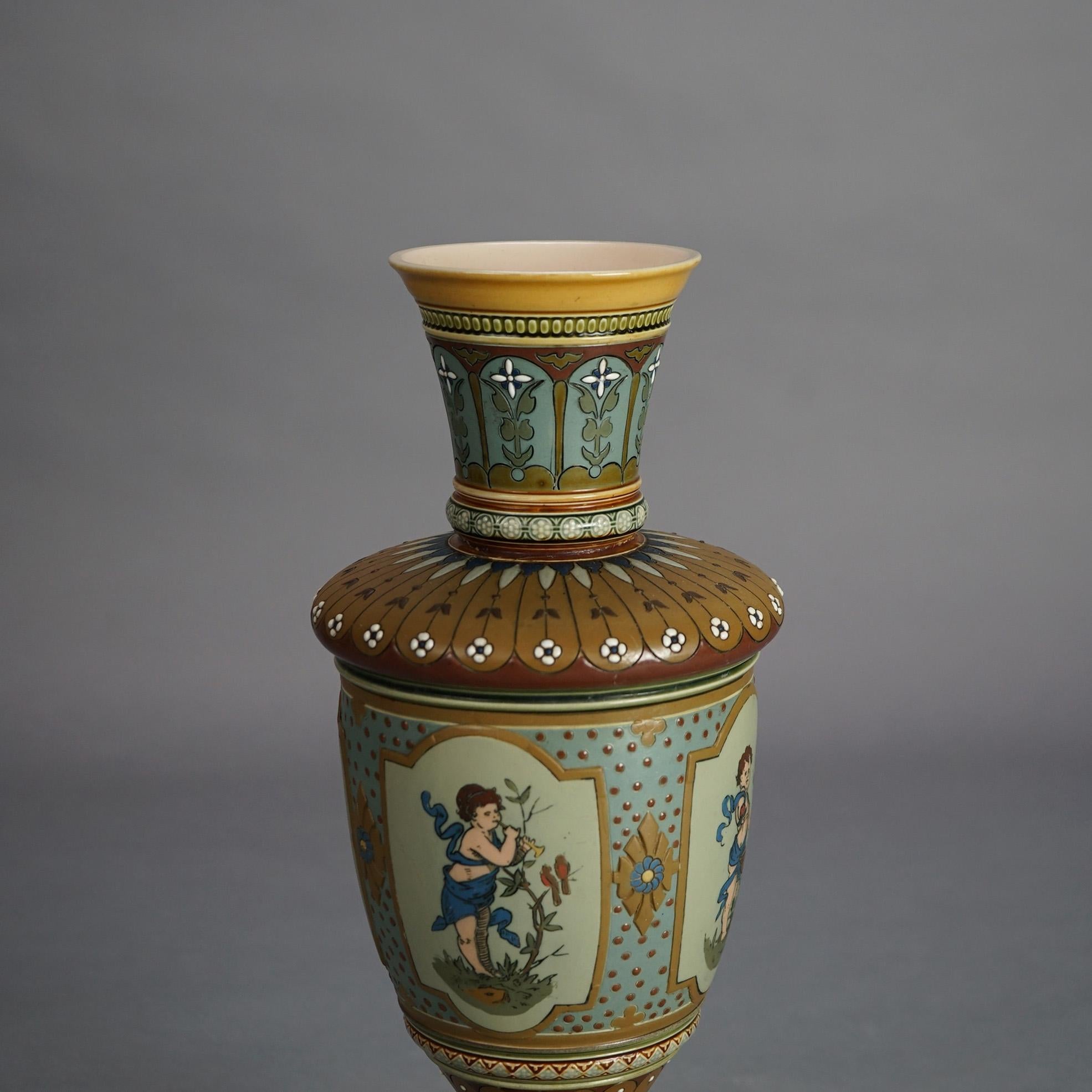 Antique Mettlach Neoclassical German Figural Cherub Decorated Pottery Vase C1900 In Good Condition In Big Flats, NY
