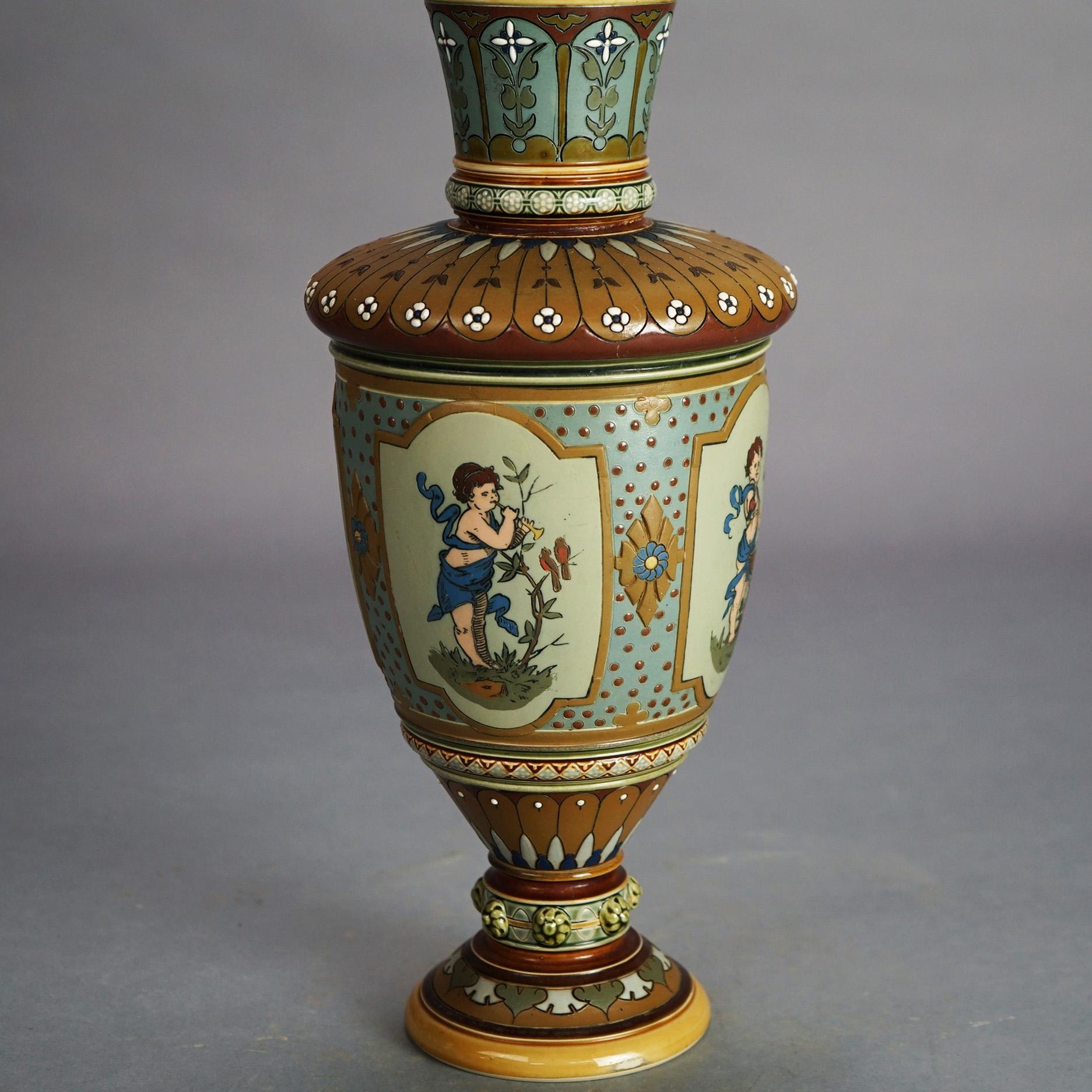 20th Century Antique Mettlach Neoclassical German Figural Cherub Decorated Pottery Vase C1900