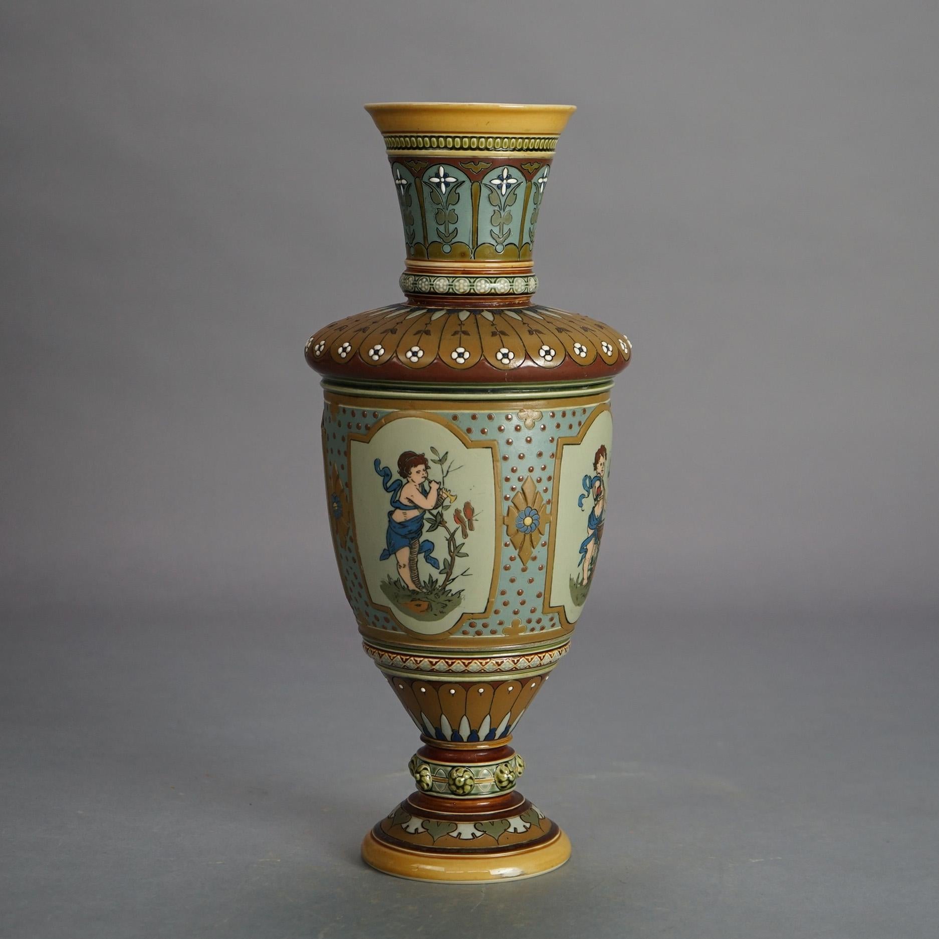 Antique Mettlach Neoclassical German Figural Cherub Decorated Pottery Vase C1900 1