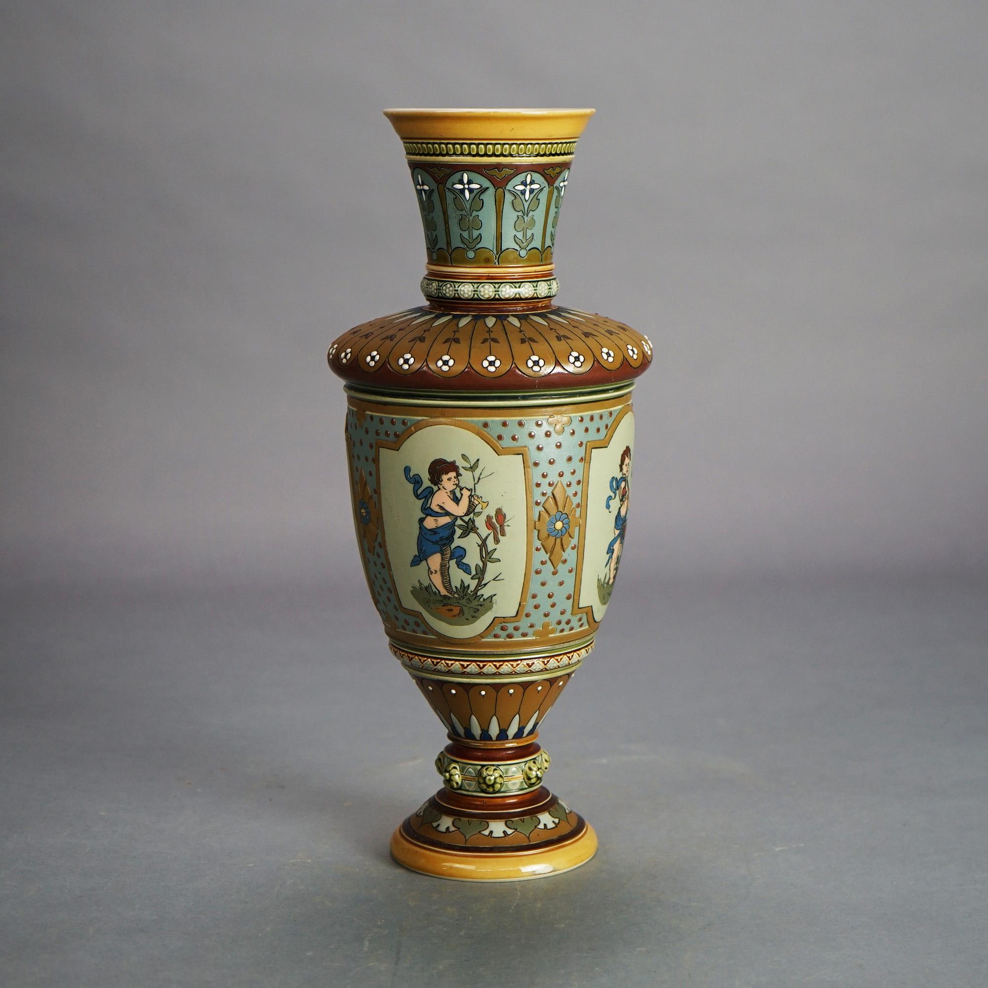 Antique Mettlach Neoclassical German Figural Cherub Decorated Pottery Vase C1900 2