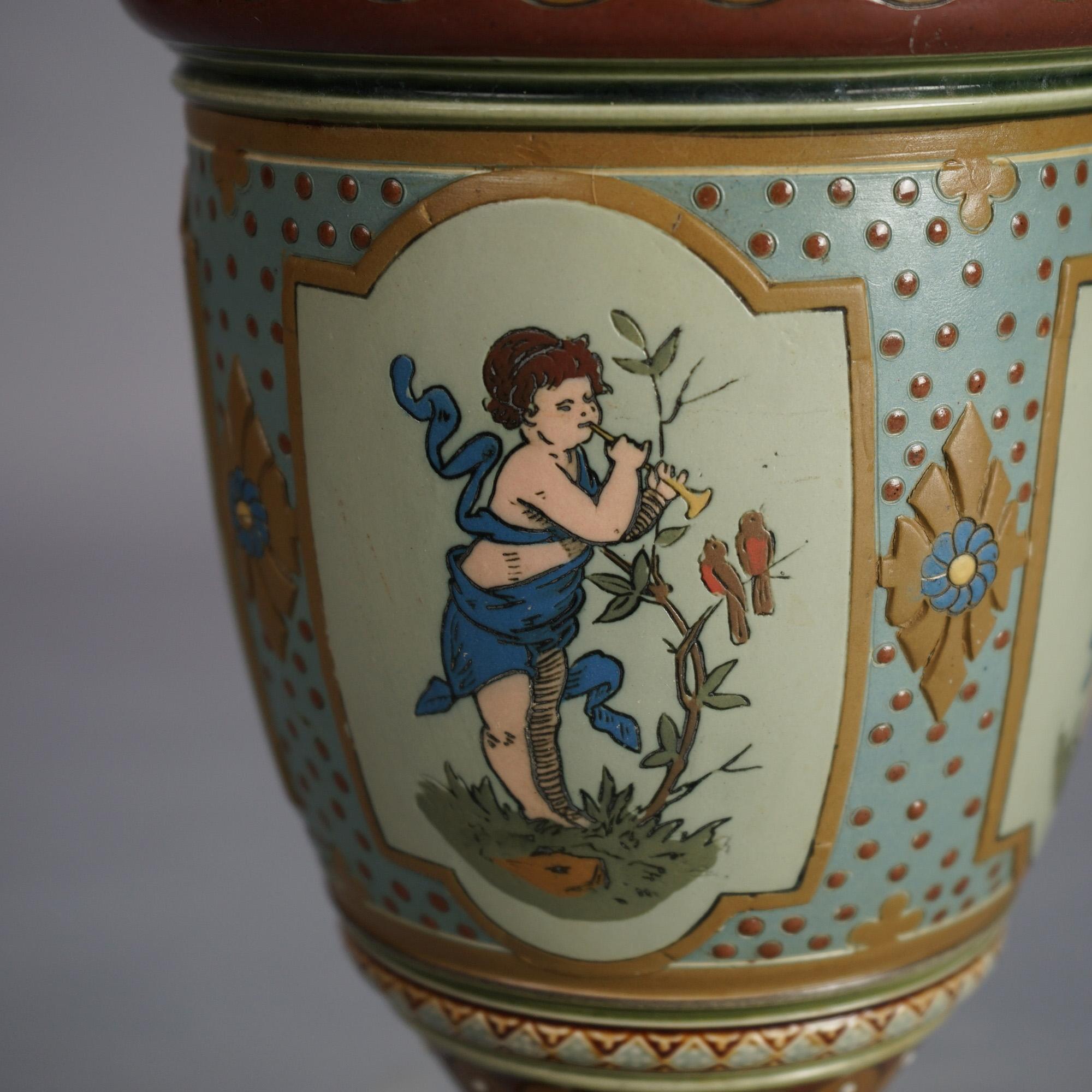 Antique Mettlach Neoclassical German Figural Cherub Decorated Pottery Vase C1900 4