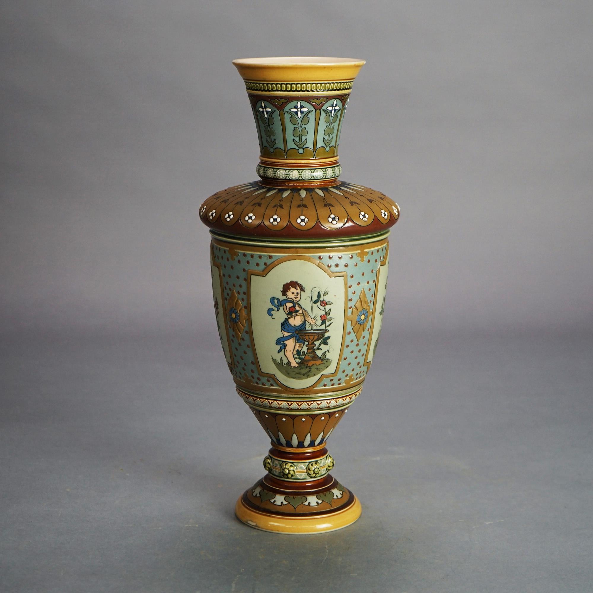 Antique Mettlach Neoclassical German Figural Cherub Decorated Pottery Vase C1900 5