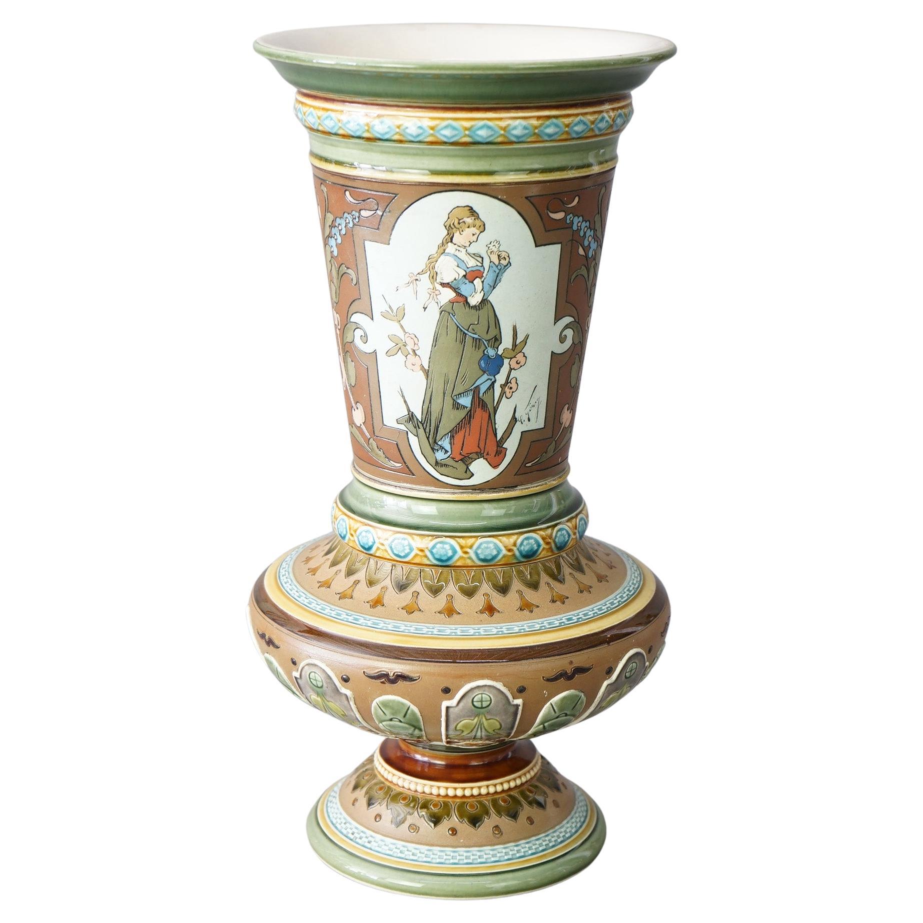 Antique Mettlach Pottery Portrait Vase, 19th Century For Sale