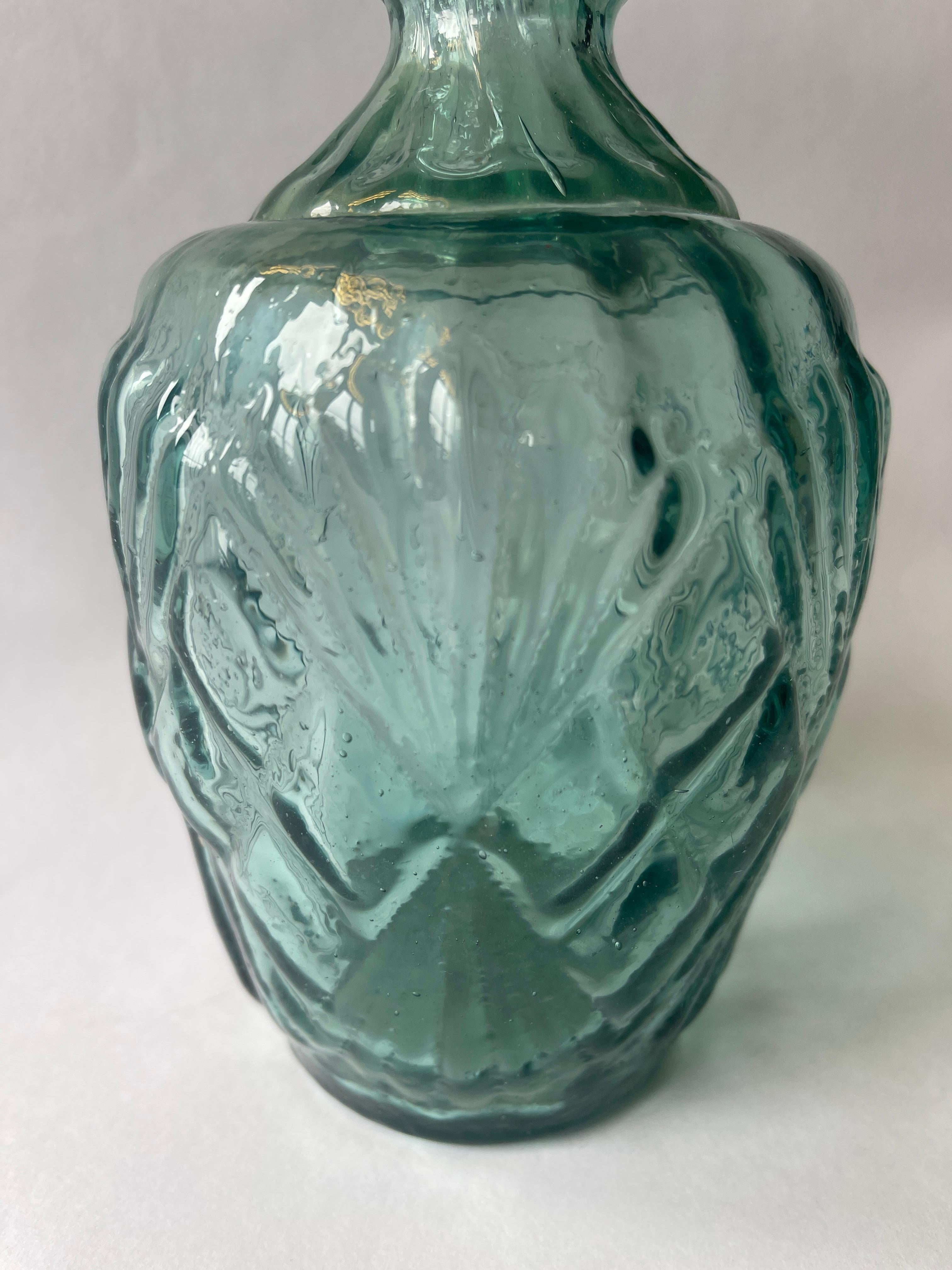 Moorish Antique Mexican Aquamarine Glass Water Bottle Vase For Sale
