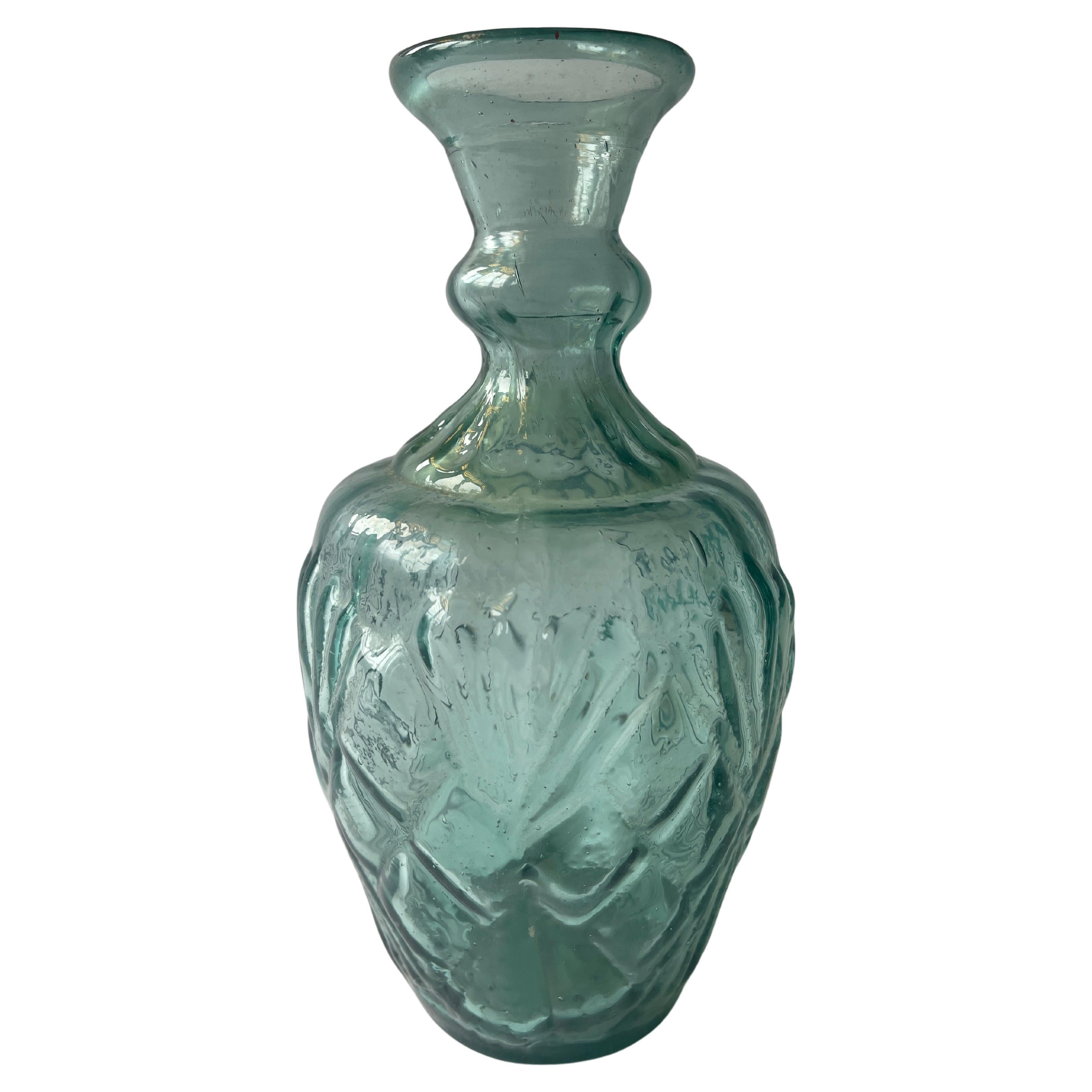 Antique Mexican Aquamarine Glass Water Bottle Vase For Sale