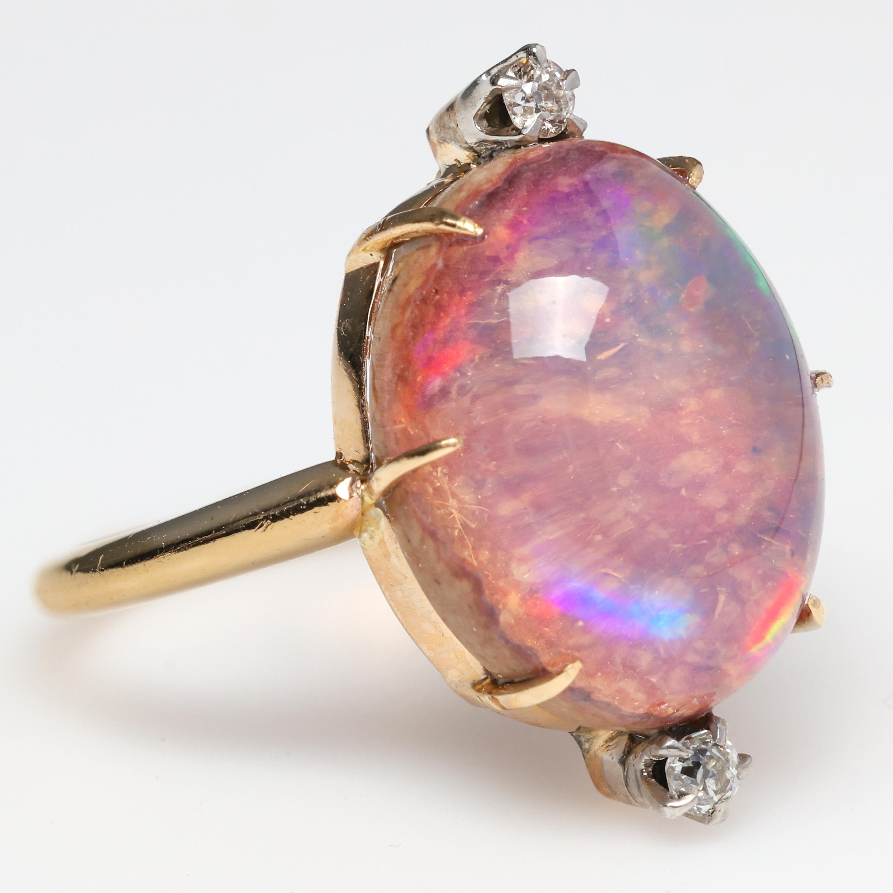 Beguiling and magical, this spectacular Victorian-era unisex ring (circa the 1890s) features a 17.3 x 13.4 x 9.31mm Type II (Boulder) precious opal that the gem lab has identified as Mexican in origin. Of all the opals in my collection, this one is