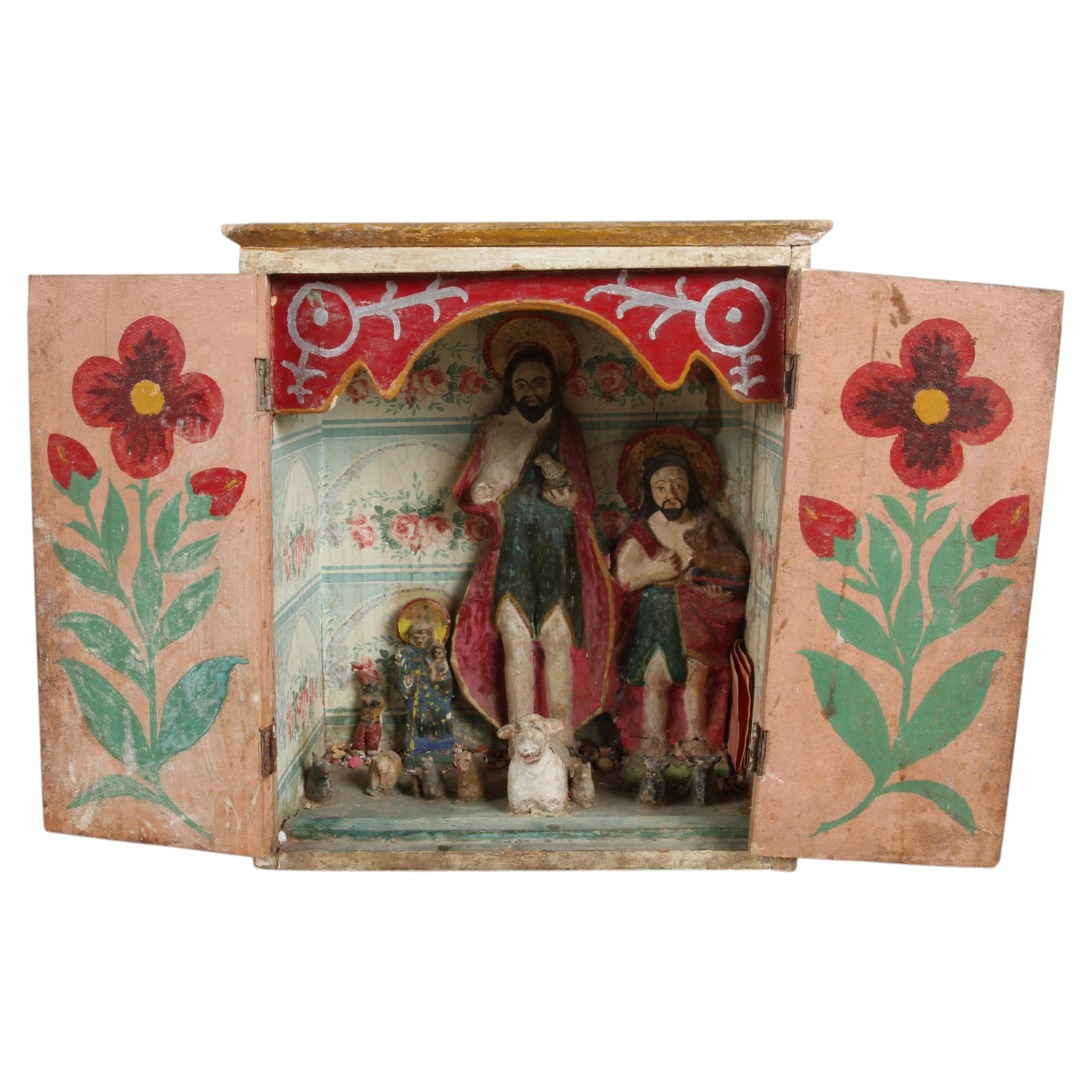 Antique Mexican Folk Art Shrine Religious Box, Hand-Painted, Early 20th Century