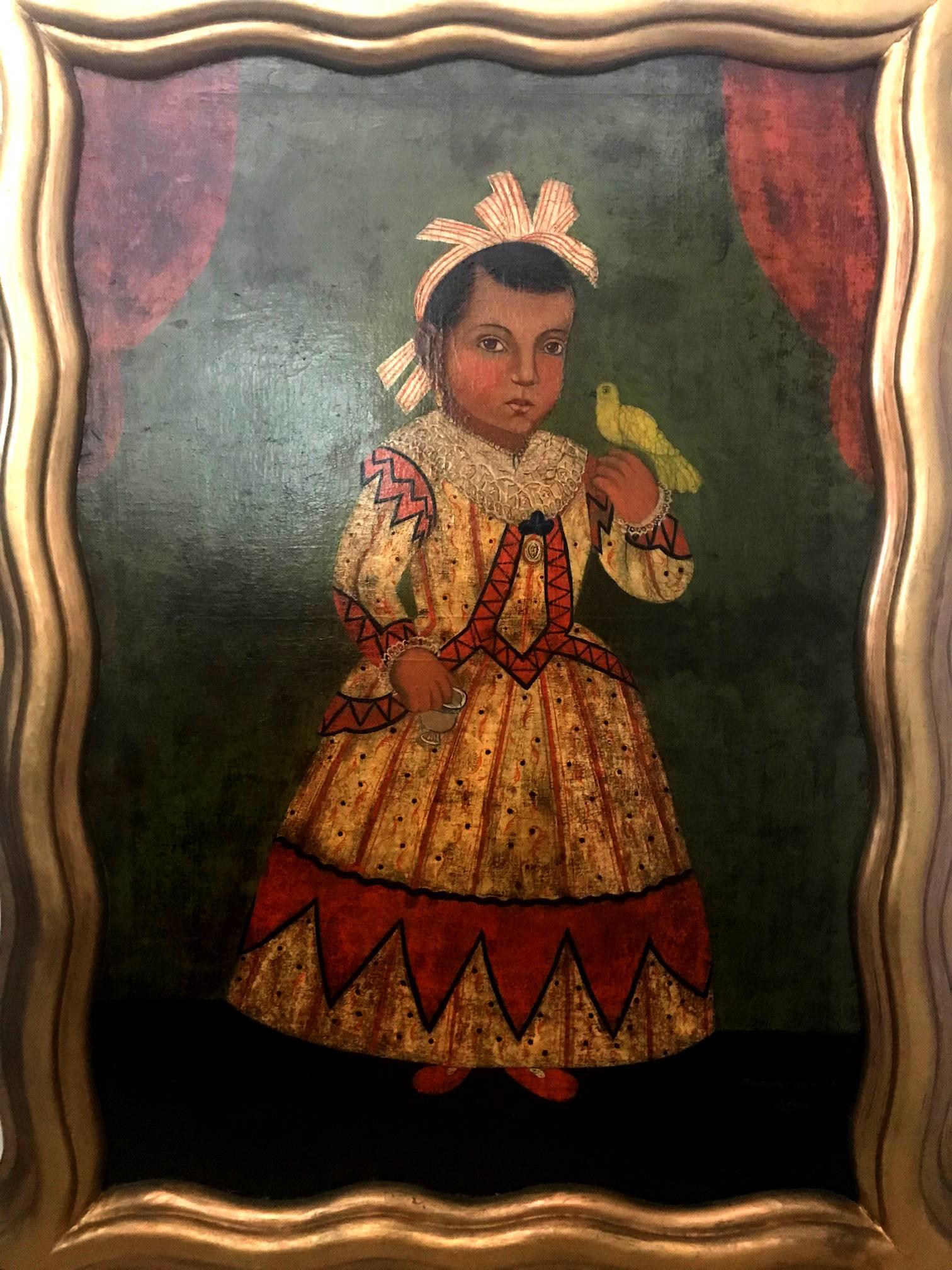 An antique oil painting depicting a Mexican girl dressed in Indian costume holding a bird, standing between a pair of curtains, circa 1860s. Probably painted by an itinerant painter Rafael Flores, the painting was relined and re-stretched at some