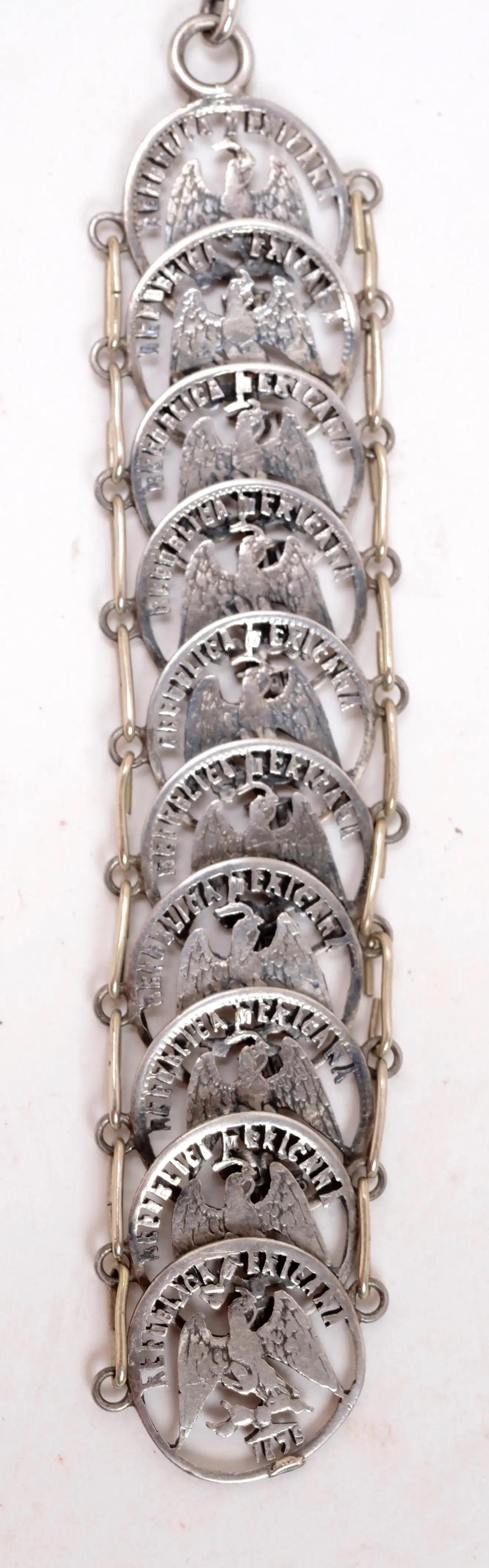 Antique Mexican Watch Fob, with 10 Mexican 5 Centavos .90 Cut Out Silver Coins In Good Condition For Sale In valatie, NY