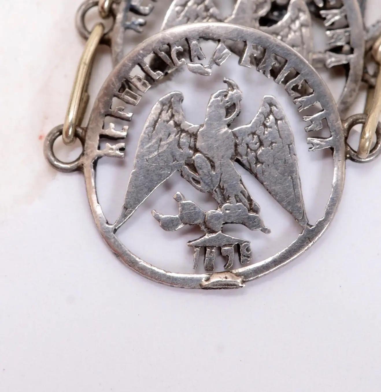 Leontina de reloj mexicano antiguo, con 10 monedas mexicanas de 5 Centavos .90 recortadas de plata Eduardiano en venta