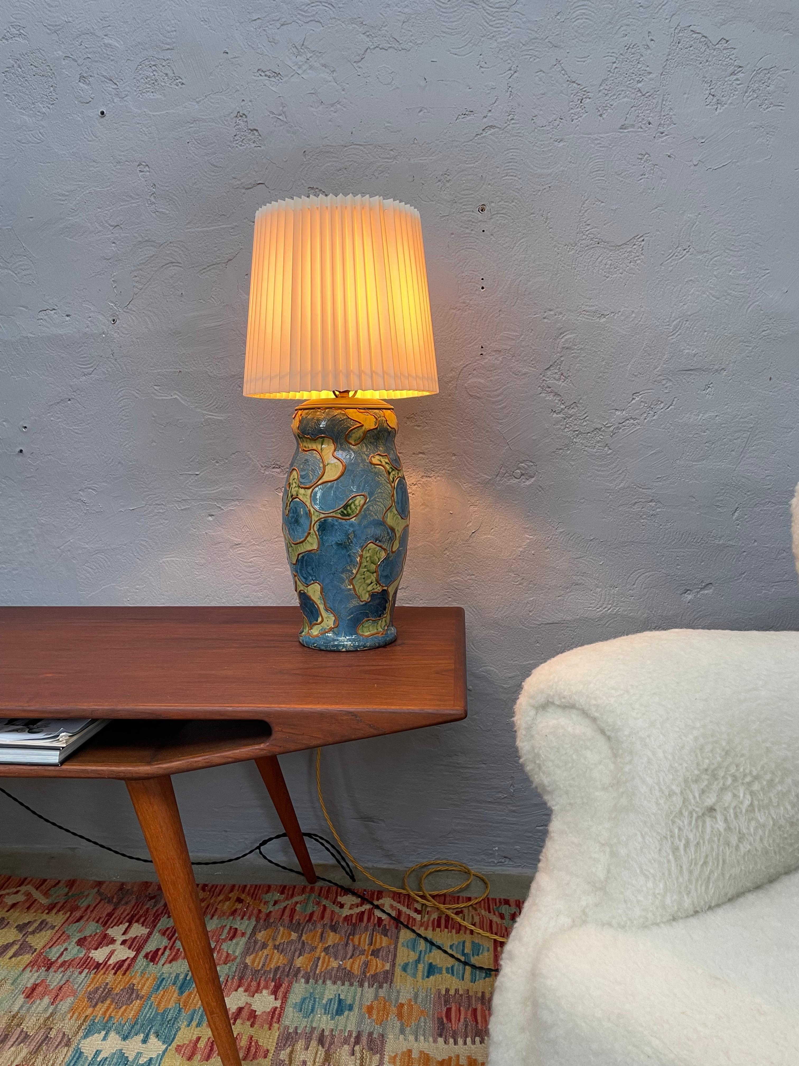 Art Deco Antique Michael Andersen & Son of Bornholm Painted Pottery Vase Table Lamp For Sale