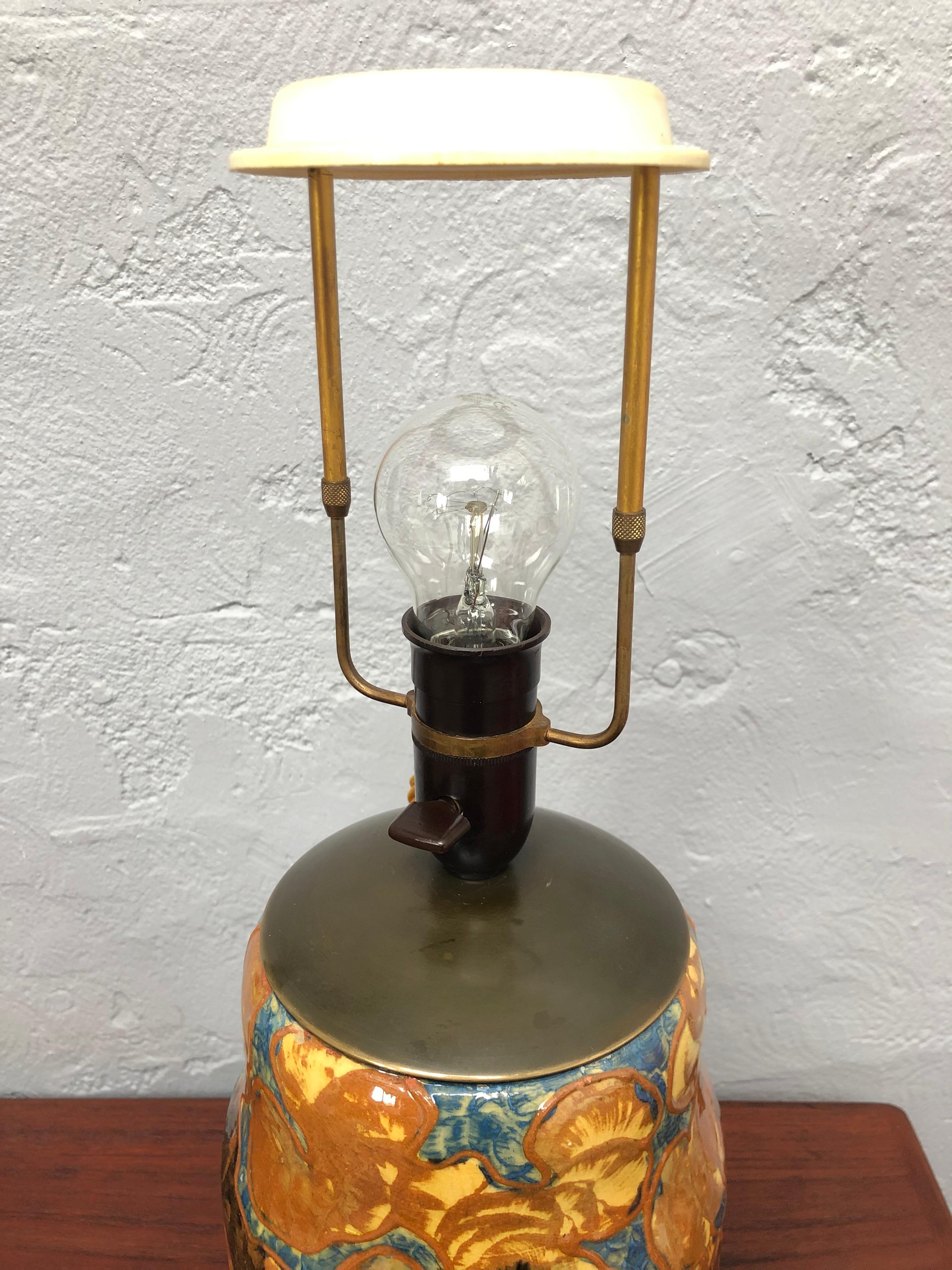 Antique Michael Andersen & Son of Bornholm Painted Pottery Vase Table Lamp In Good Condition In Søborg, DK