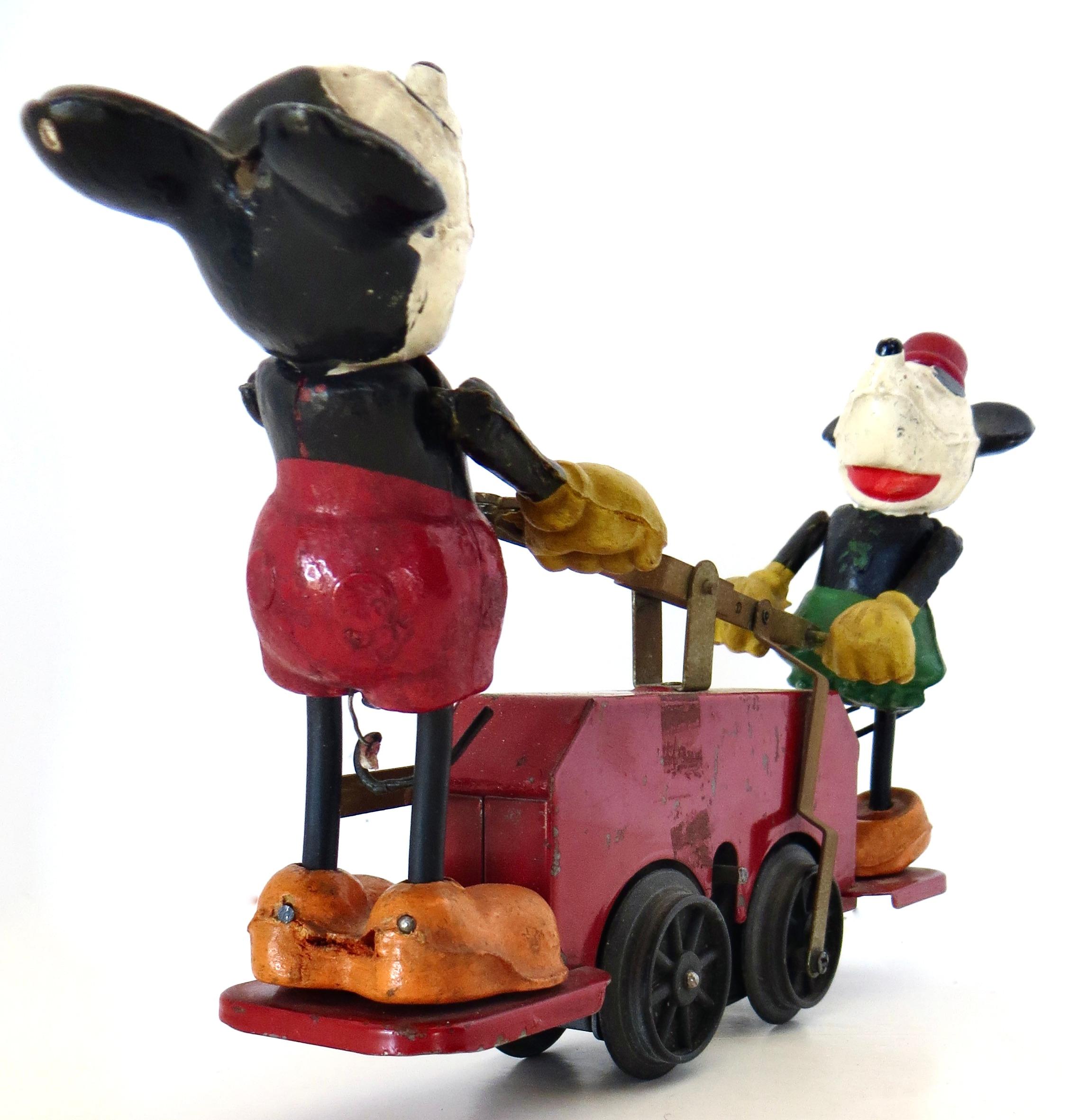 Folk Art Antique Mickey Mouse & Minnie Mouse Train Hand Car by Disney & Lionel Circa 1934 For Sale