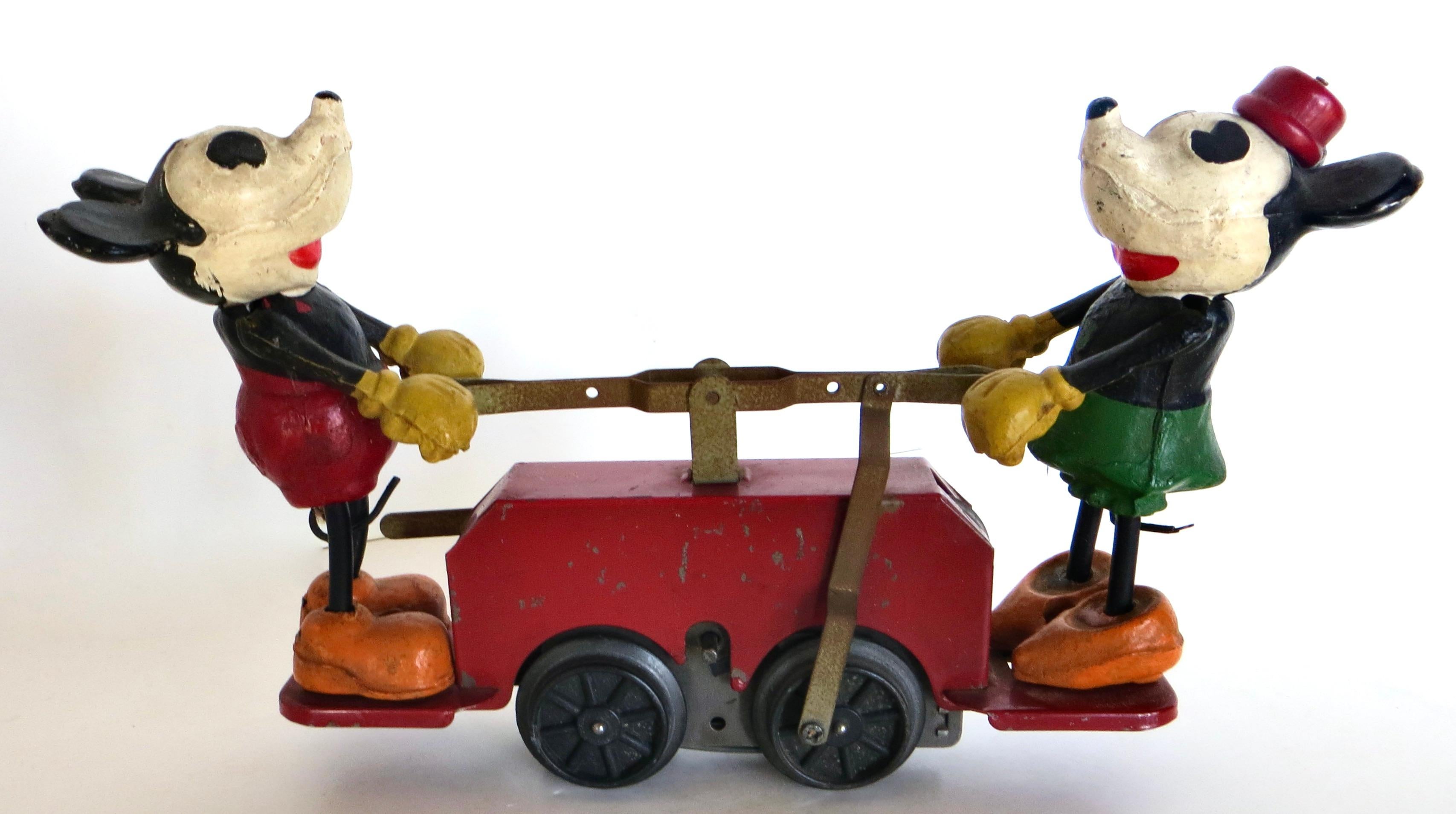 Folk Art Antique Mickey Mouse & Minnie Mouse Train Hand Car by Disney & Lionel Circa 1934 For Sale