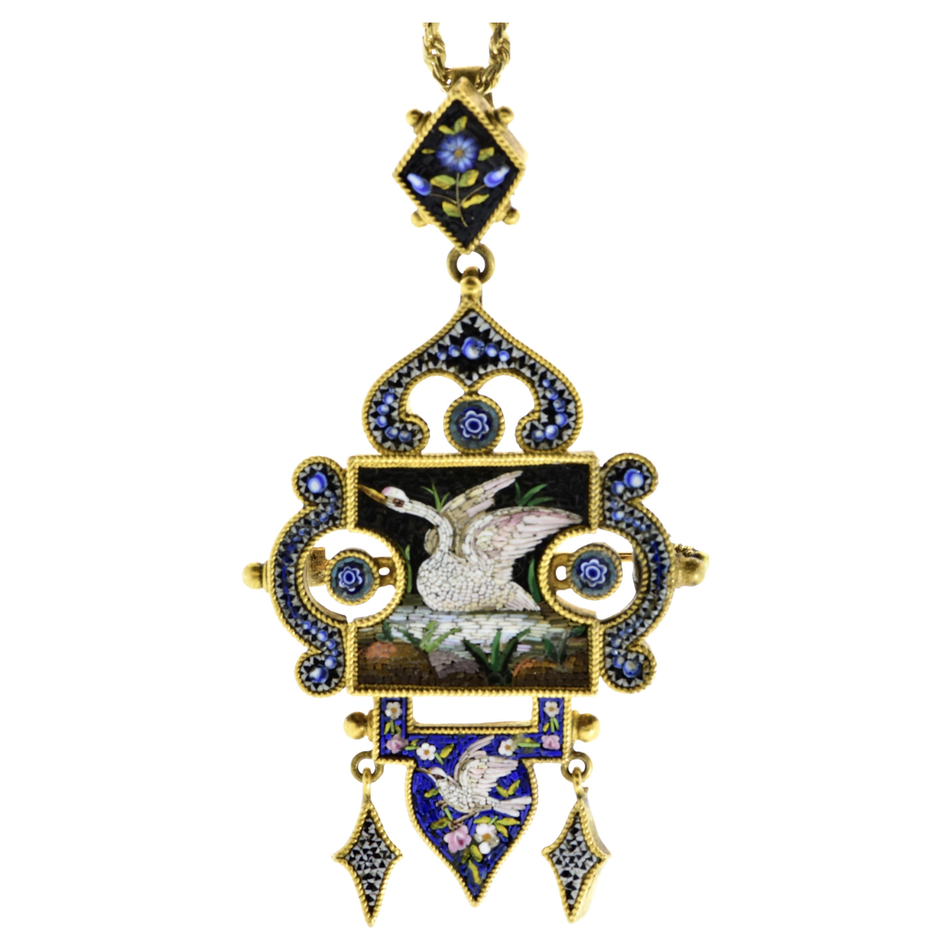 Antique Micro Mosaic 18K Pendant and Brooch, c. 1880 For Sale