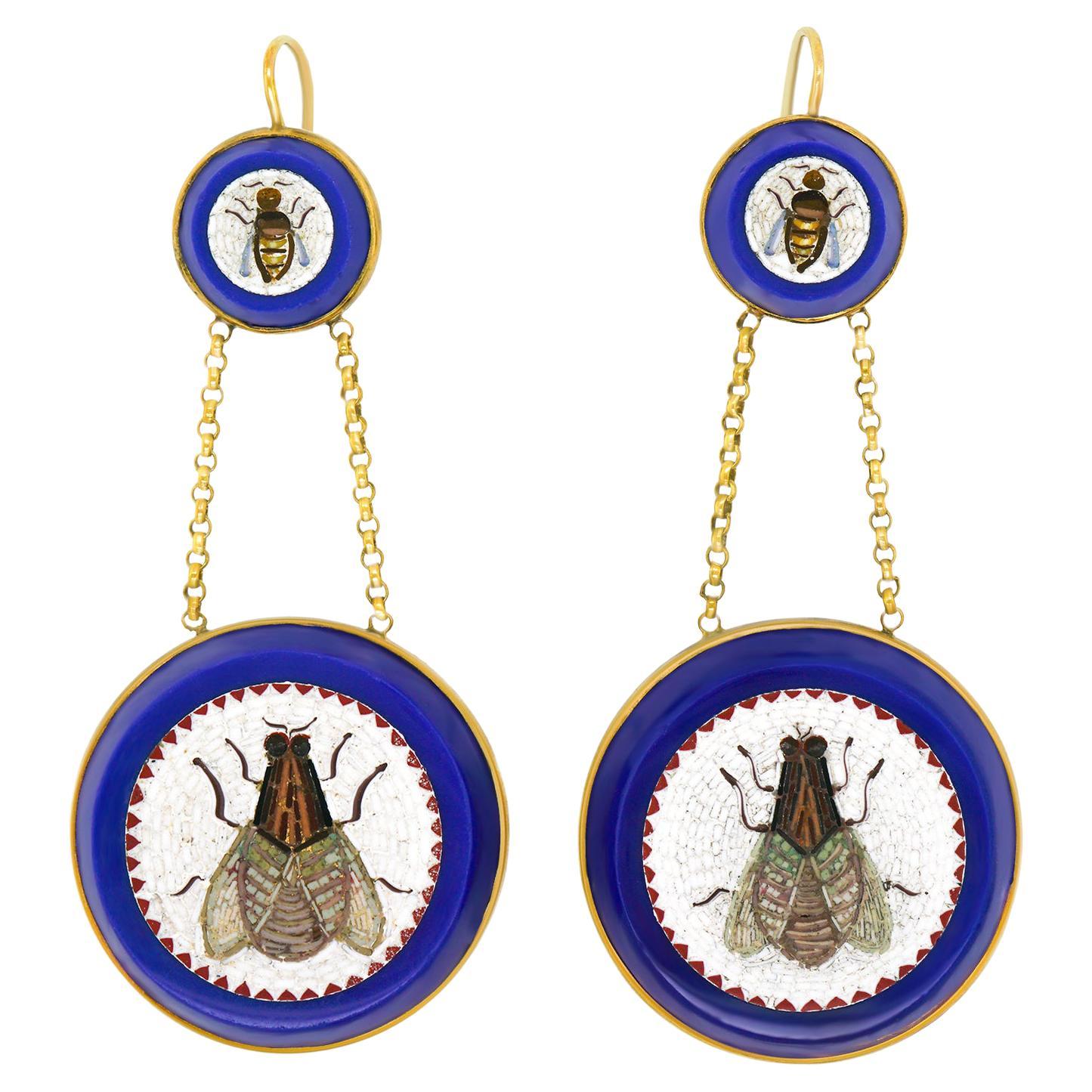 Antique Micro Mosaic and Gold Insect Earrings