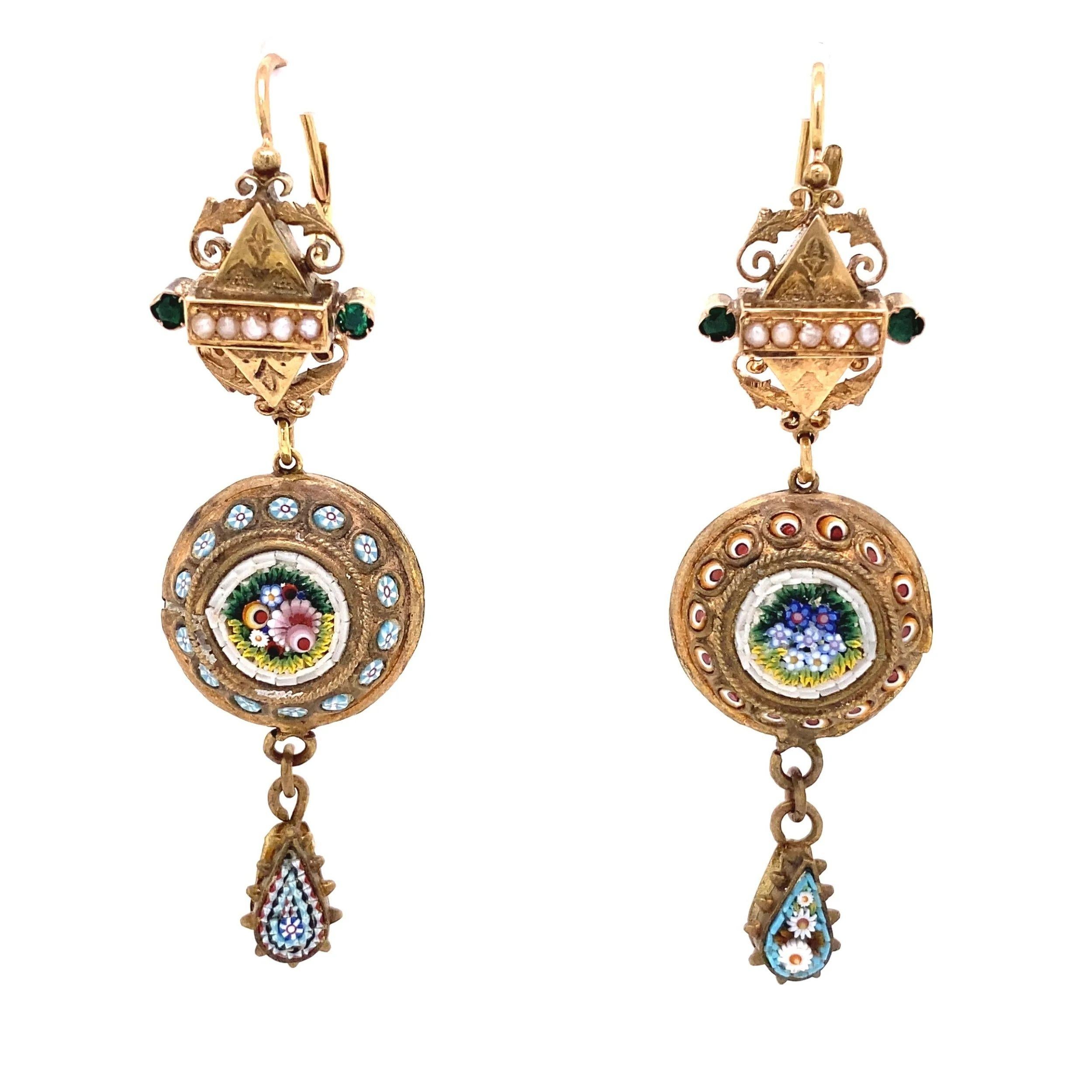 Victorian Antique Micro Mosaic and Seed Pearl Gold Dangle Earrings Estate Fine Jewelry For Sale