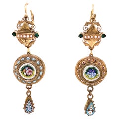 Antique Micro Mosaic and Seed Pearl Gold Dangle Earrings Estate Fine Jewelry