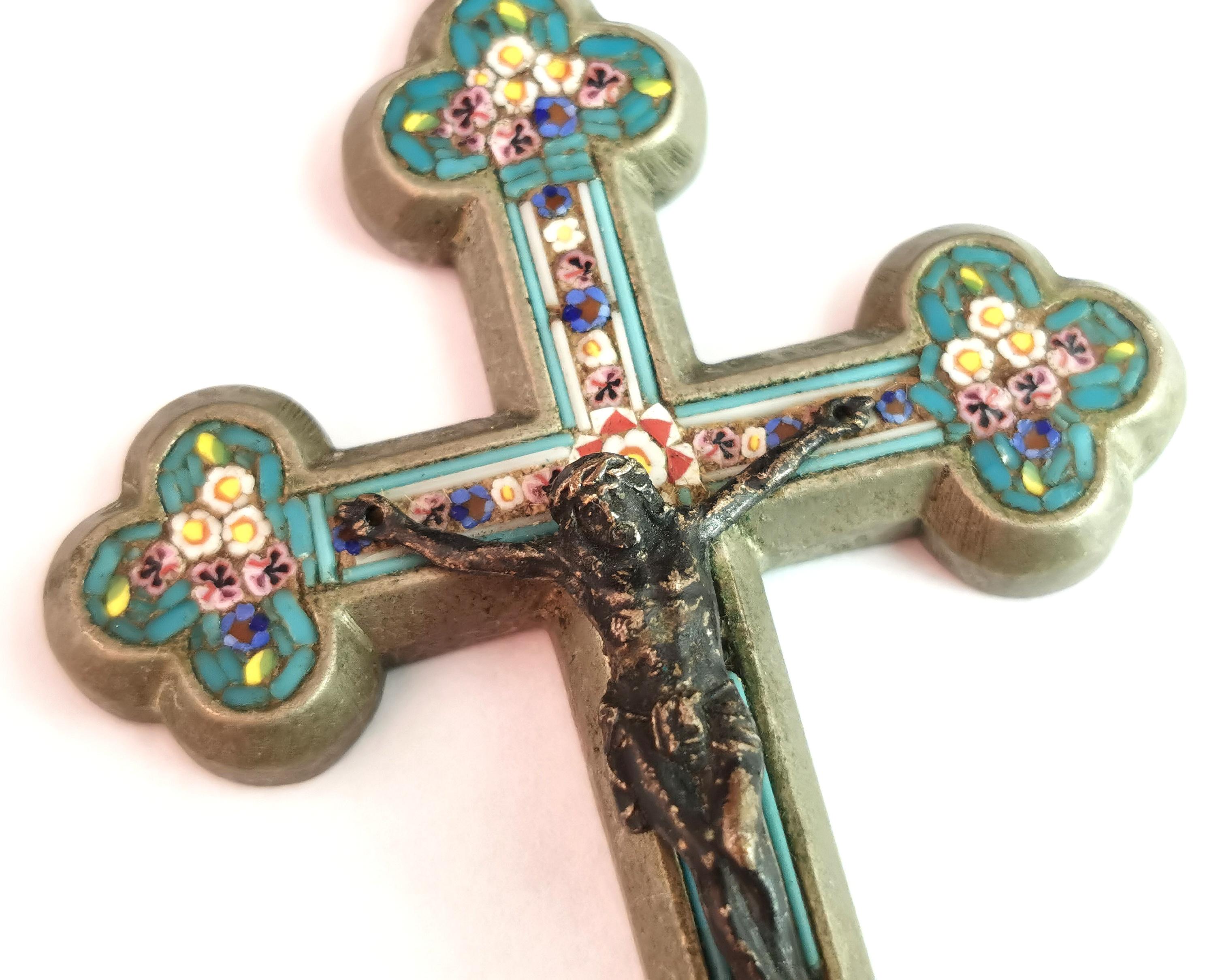 Antique Micro mosaic crucifix pendant, Italian Cross, large  3