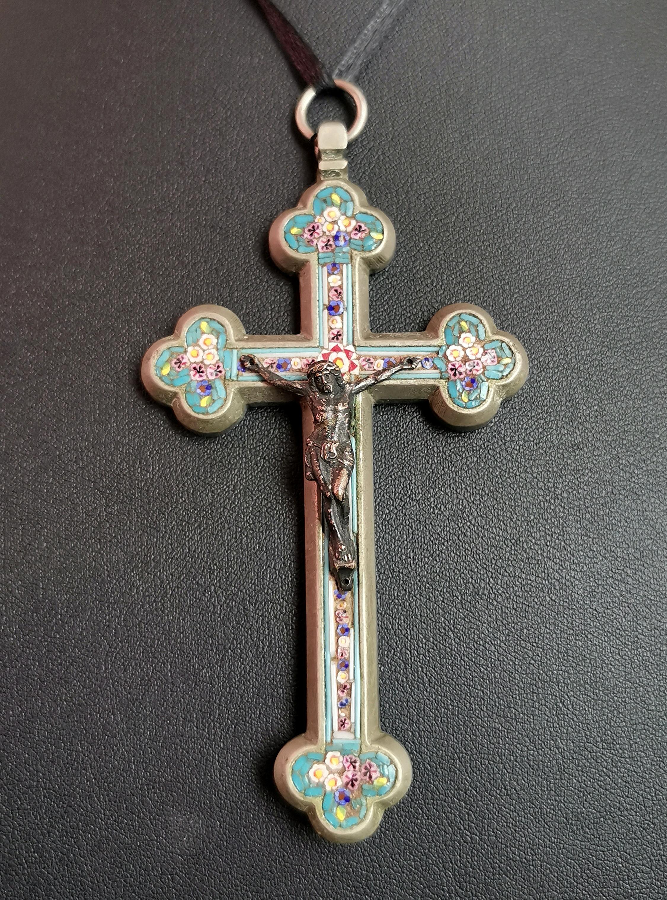 Antique Micro mosaic crucifix pendant, Italian Cross, large  4