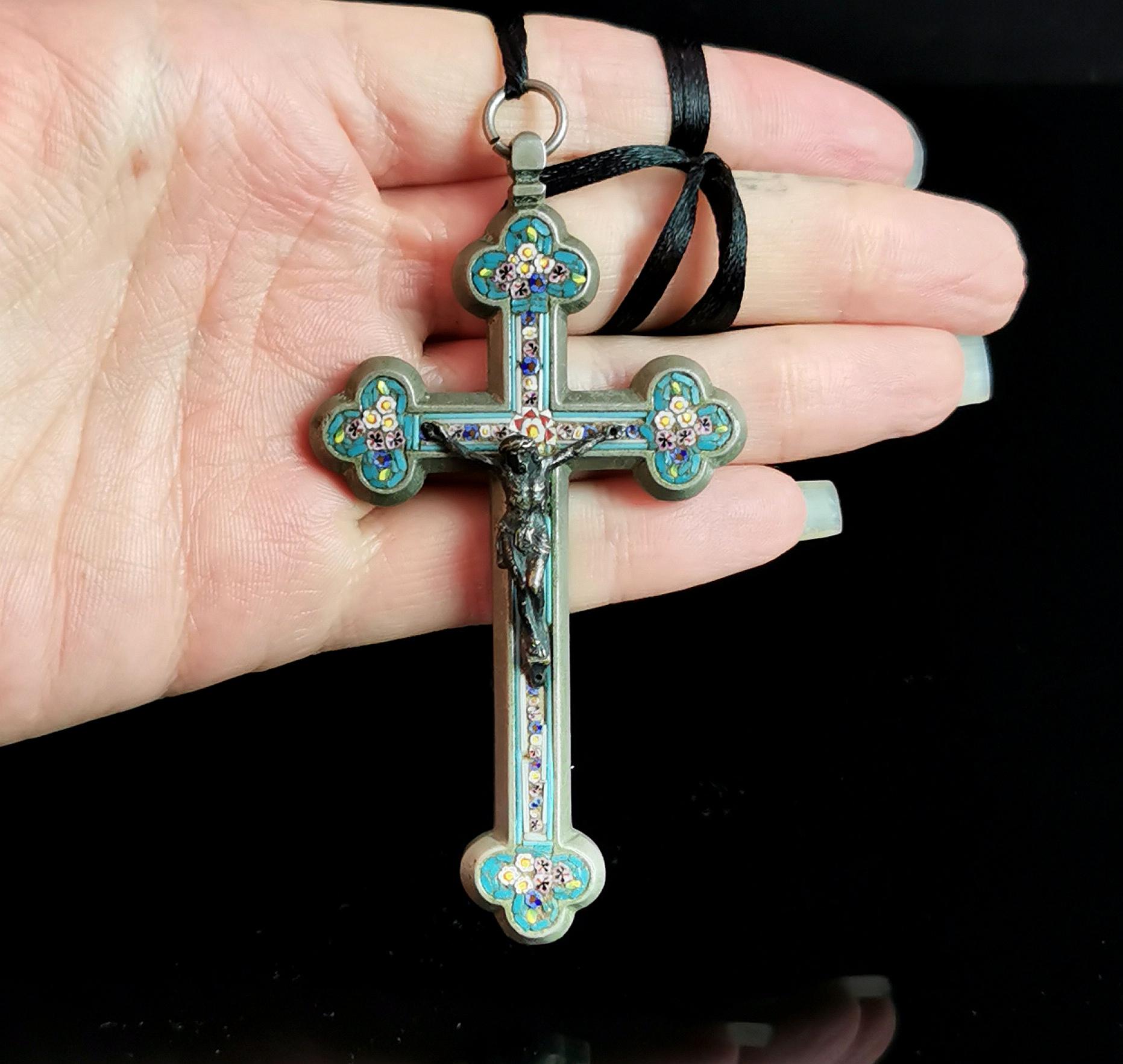 Antique Micro mosaic crucifix pendant, Italian Cross, large 5