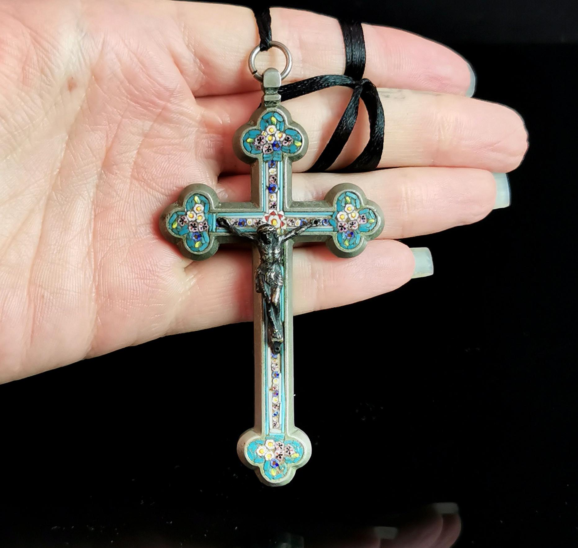 Antique Micro mosaic crucifix pendant, Italian Cross, large  5