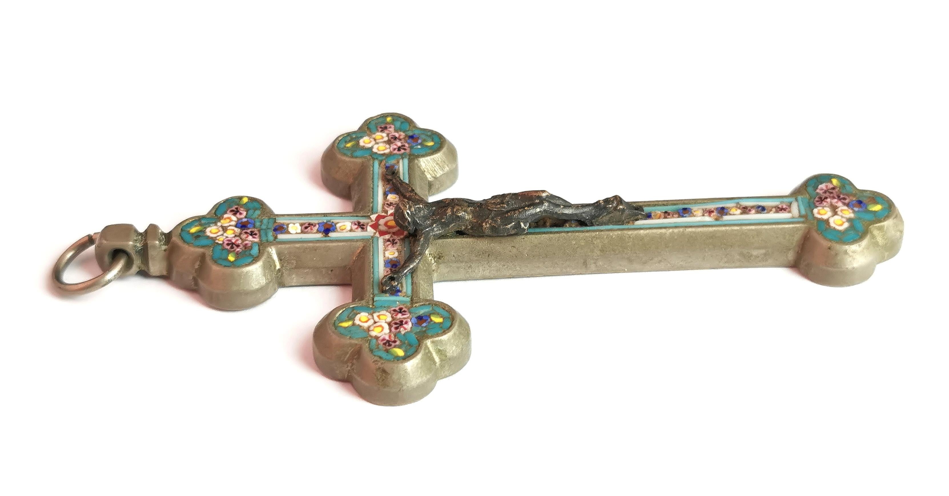 Antique Micro mosaic crucifix pendant, Italian Cross, large  In Good Condition In NEWARK, GB