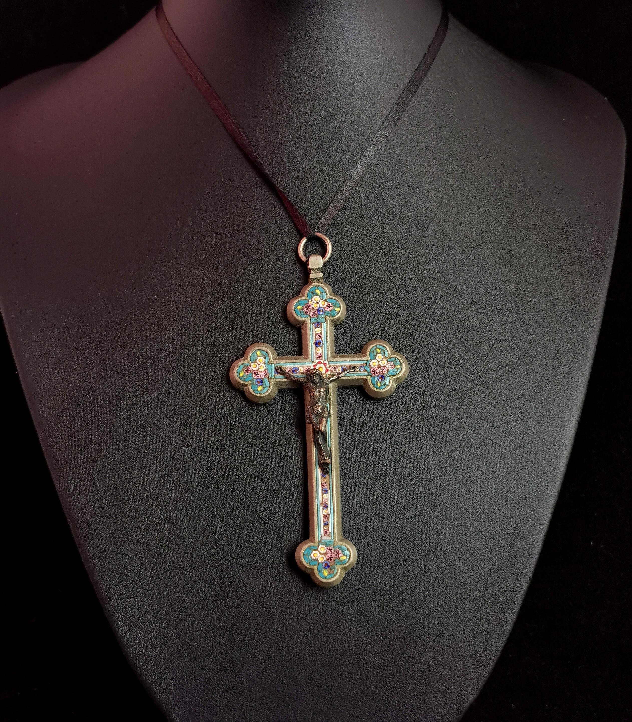 Antique Micro mosaic crucifix pendant, Italian Cross, large  1
