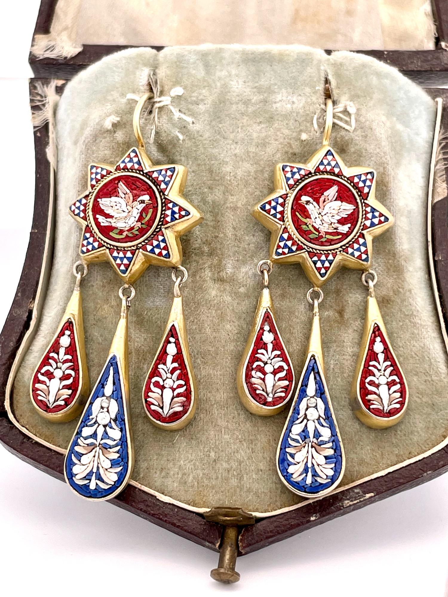 These antique Micro mosaic drop earrings were produced in the late 1800's.  During this time the rage was going overseas on what was called the World Tour.  Across Europe many items were made for the tourist market.  These are one of those items as