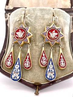 Antique Micro Mosaic Dangle Earrings, Base Metal, Italy, Circa 1880
