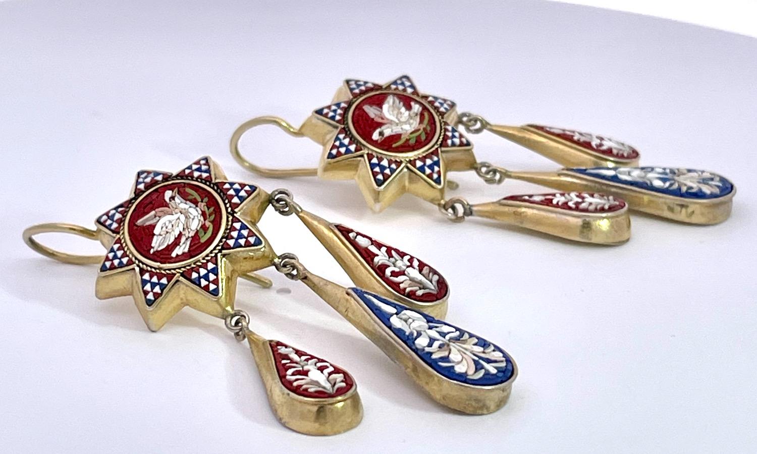 Late Victorian Antique Micro Mosaic Drop Earrings 1880's For Sale