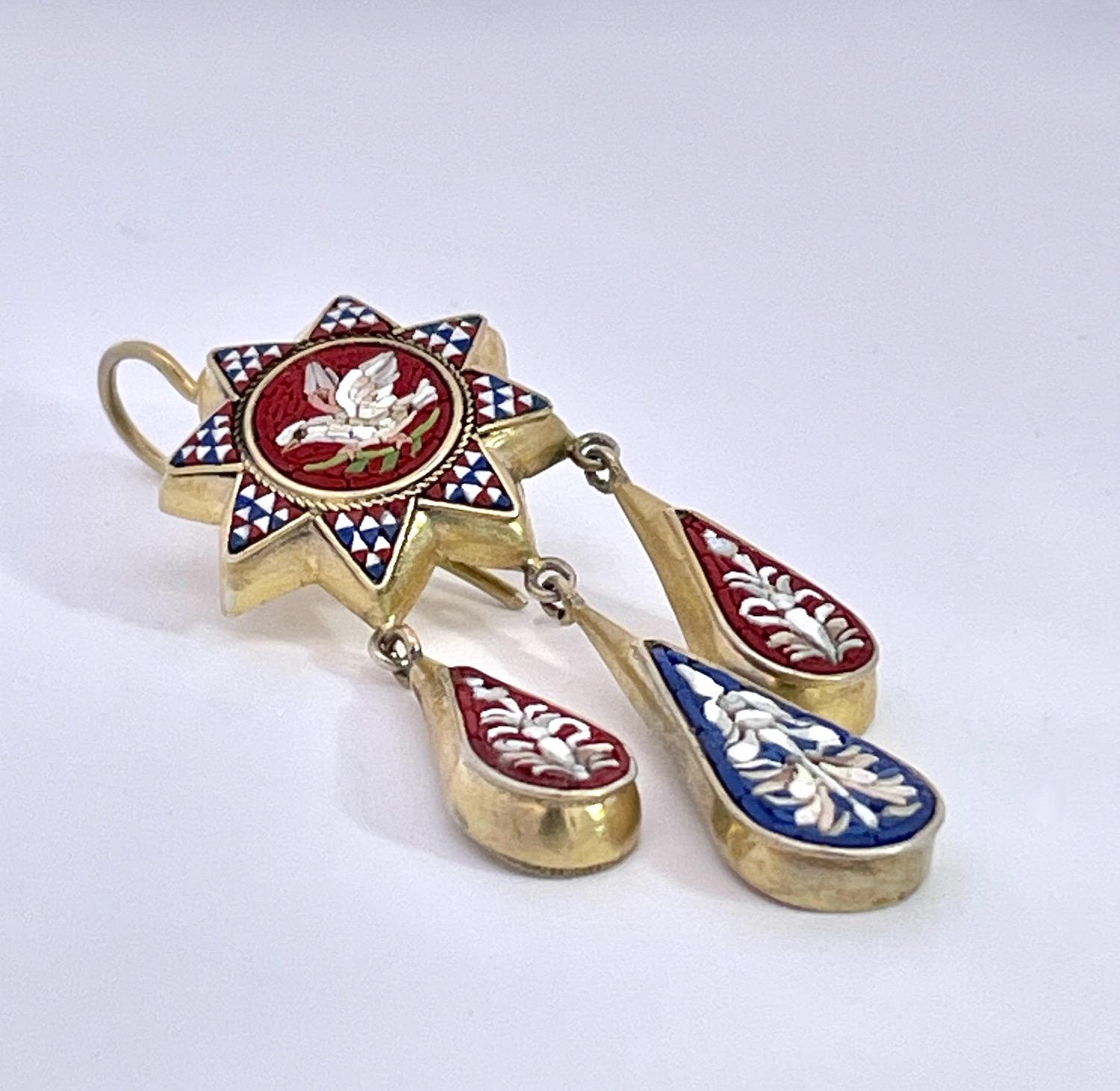 Single Cut Antique Micro Mosaic Drop Earrings 1880's For Sale