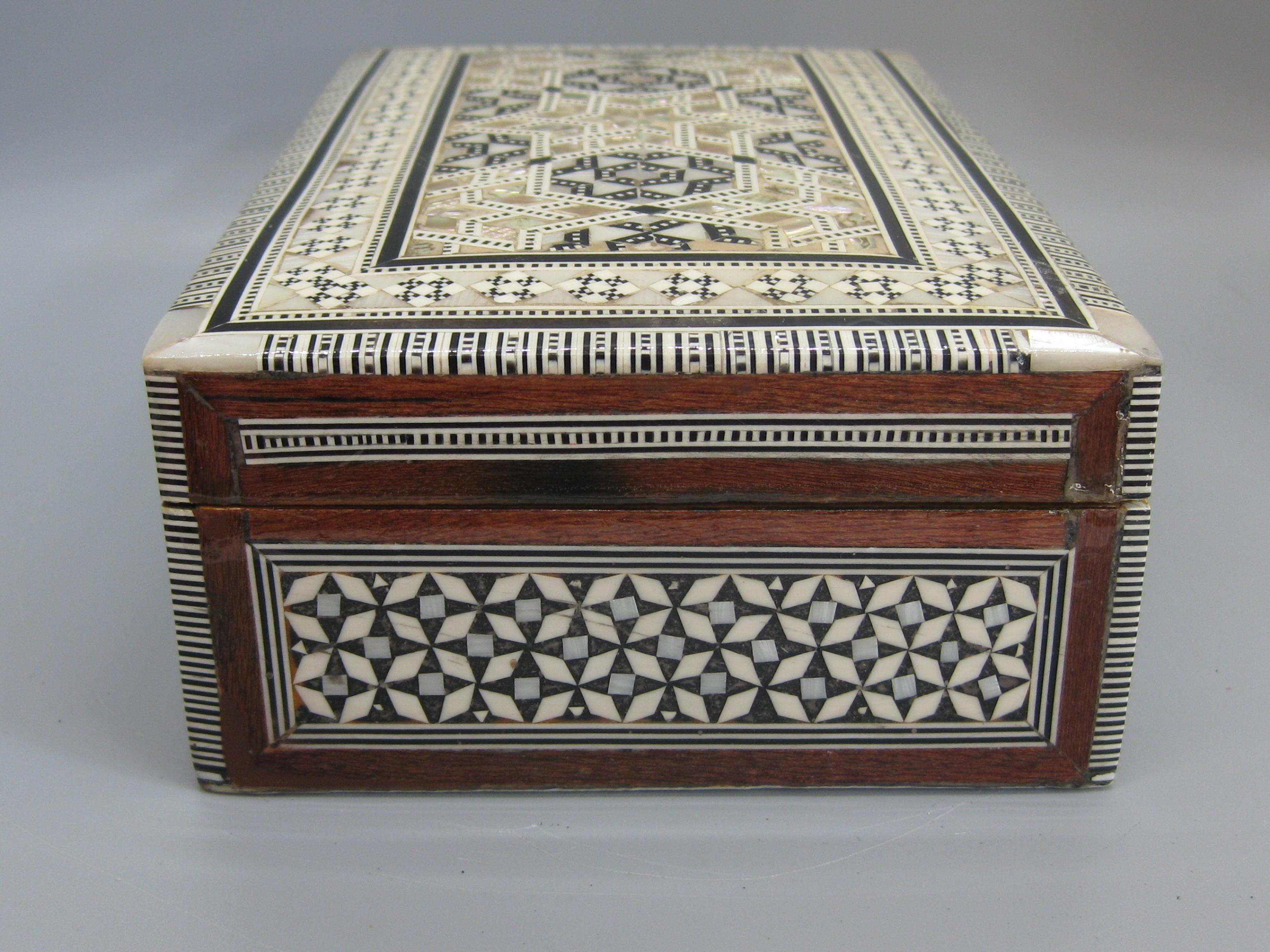 20th Century Antique Micro Mosaic Marquetry Mother of Pearl Inlay Wooden Jewelry Trinket Box