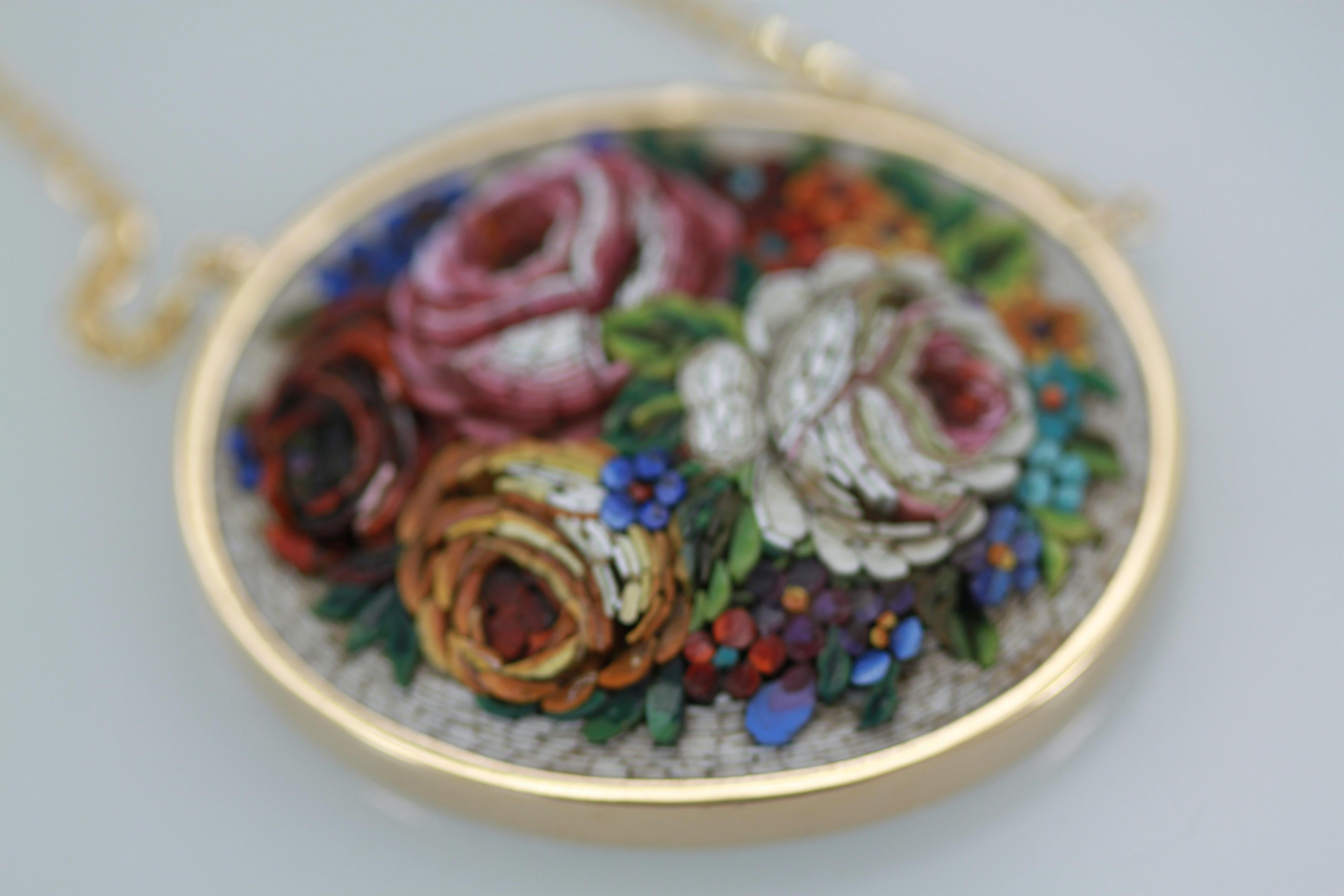 Antique Micro Mosaic Oval Plaque Necklace 18K 7