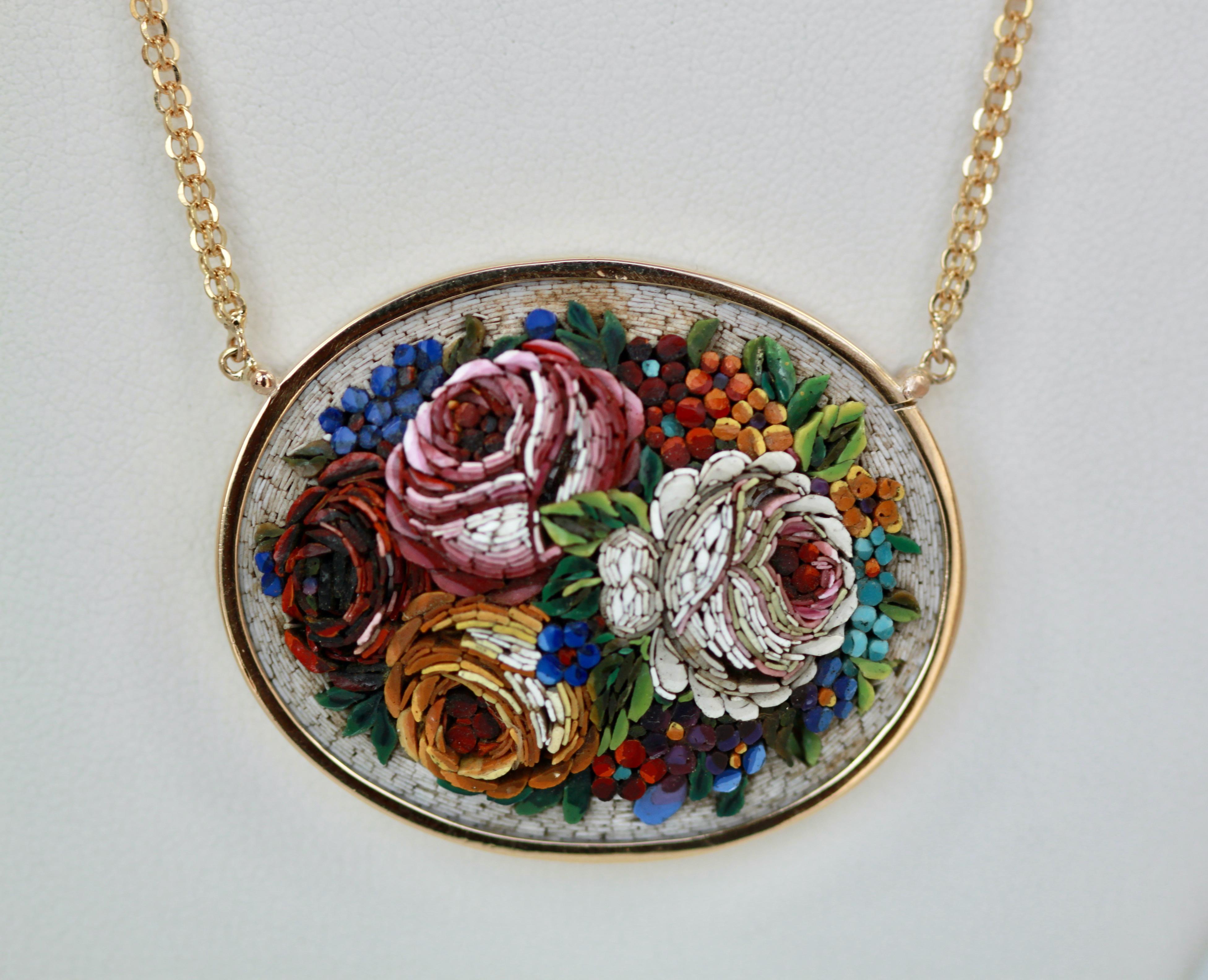 This gorgeous Antique Micro Mosaic Plaque is absolutely gorgeous.  The piece is in perfect condition and it is filled with roses and floral details. There are no pieces lost and it is quite large in size for a Mosaic piece. I had this mounted on a