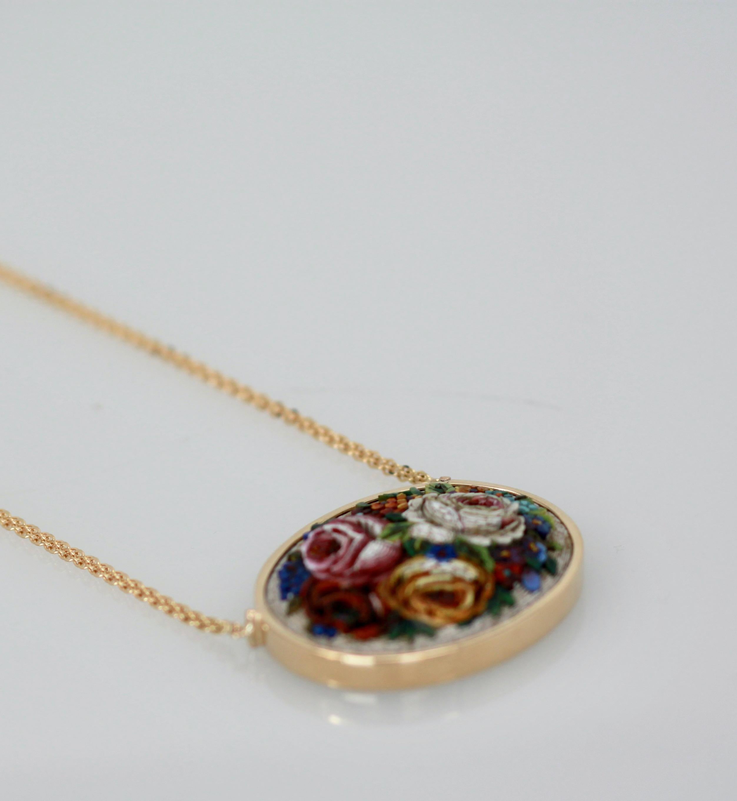 Antique Micro Mosaic Oval Plaque Necklace 18K In Excellent Condition In North Hollywood, CA