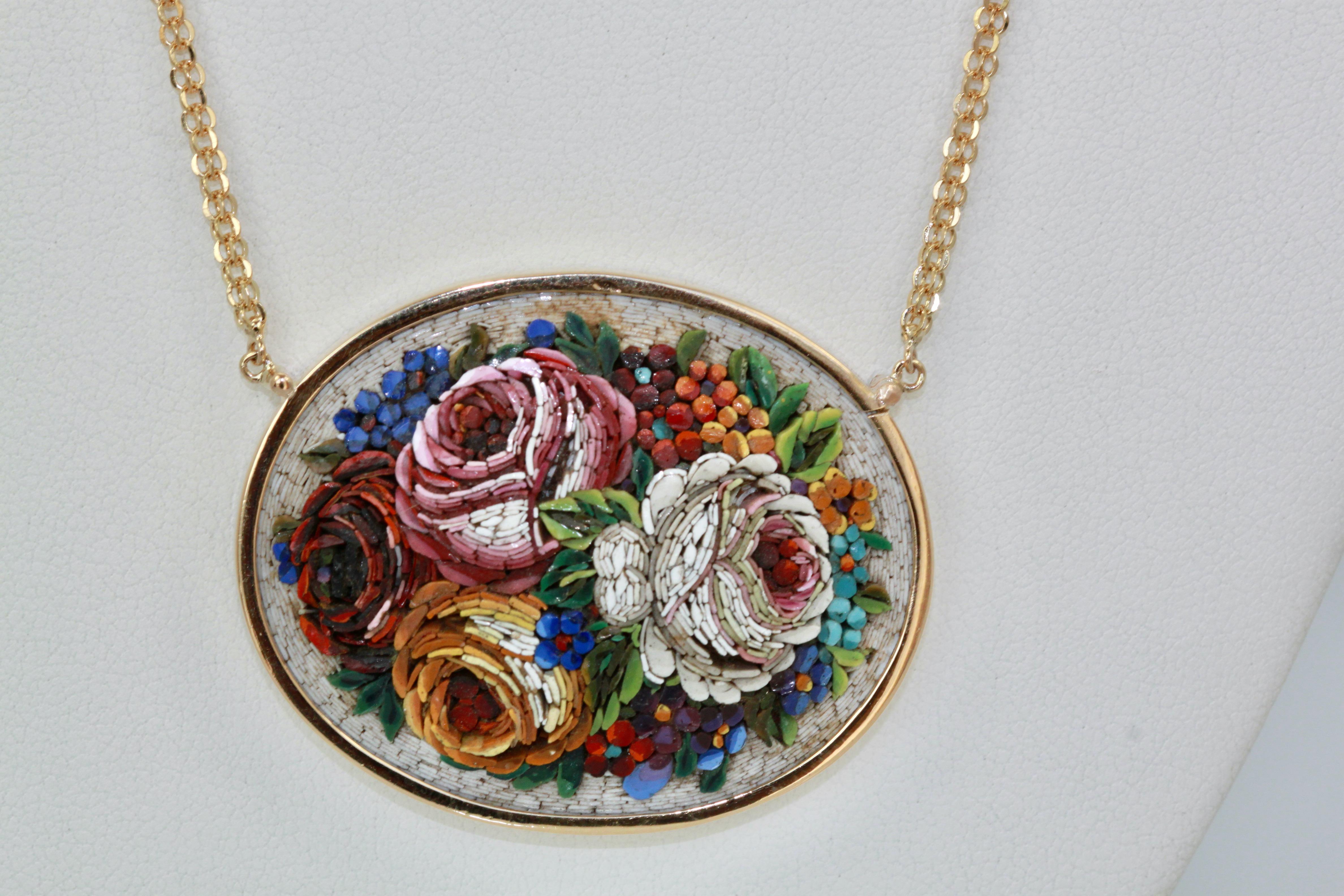 Antique Micro Mosaic Oval Plaque Necklace 18K 4