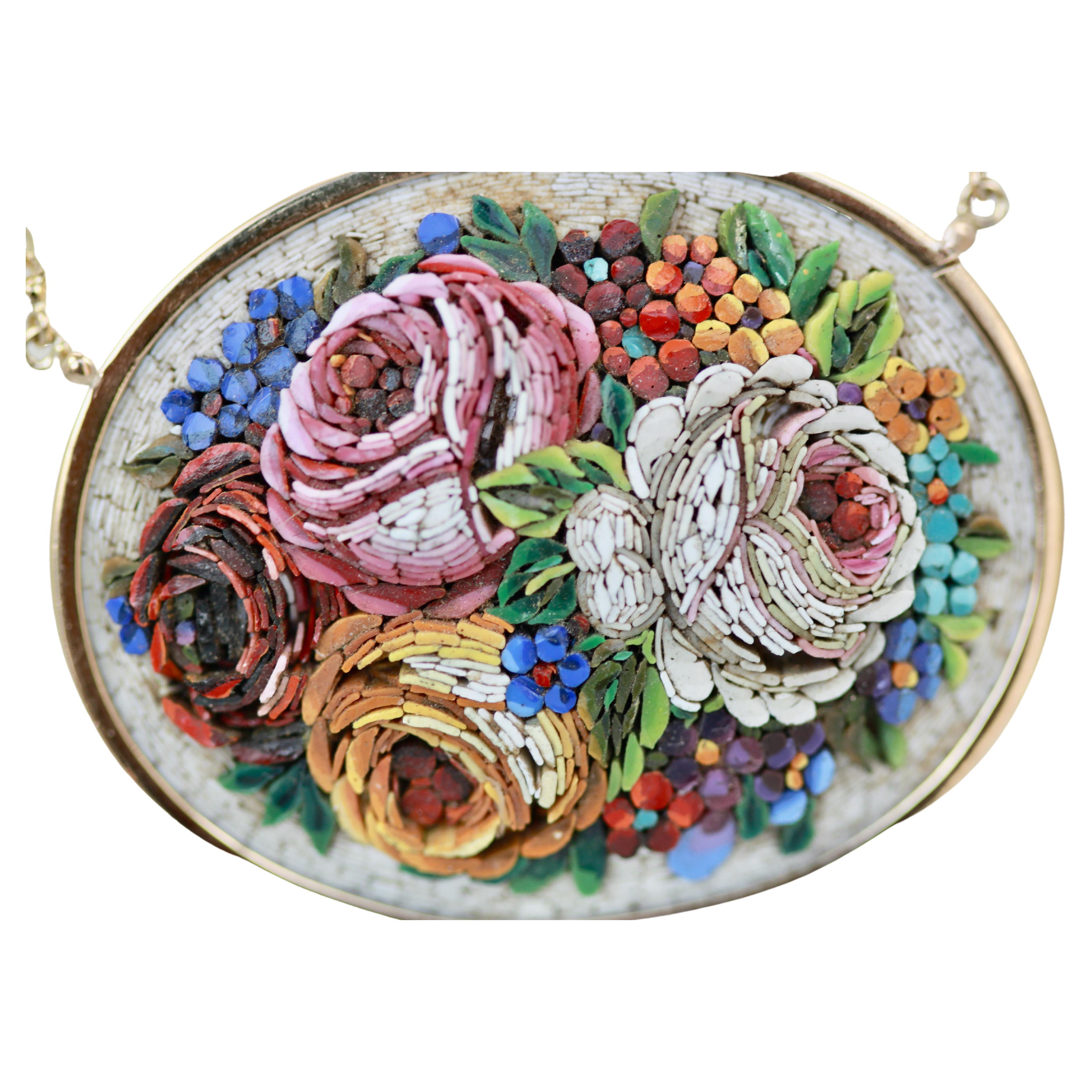 Antique Micro Mosaic Oval Plaque Necklace 18K