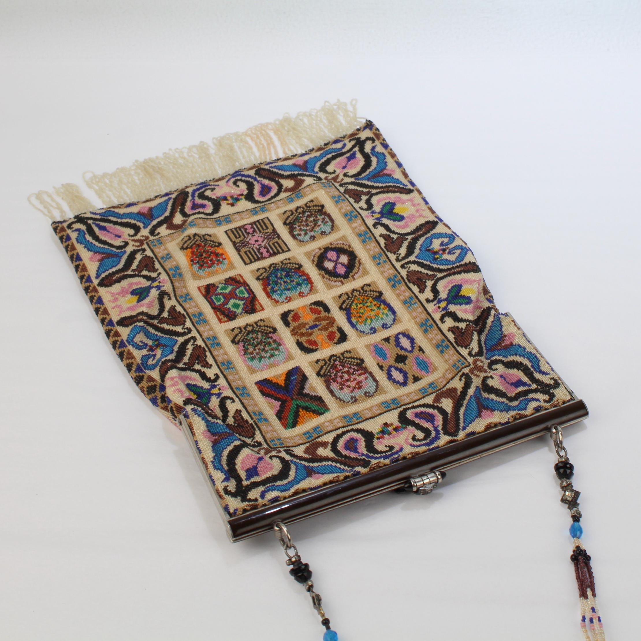 Antique Micro Rug / Tapestry Pattern Beaded Bag with an Enameled Marcasite Frame For Sale 4