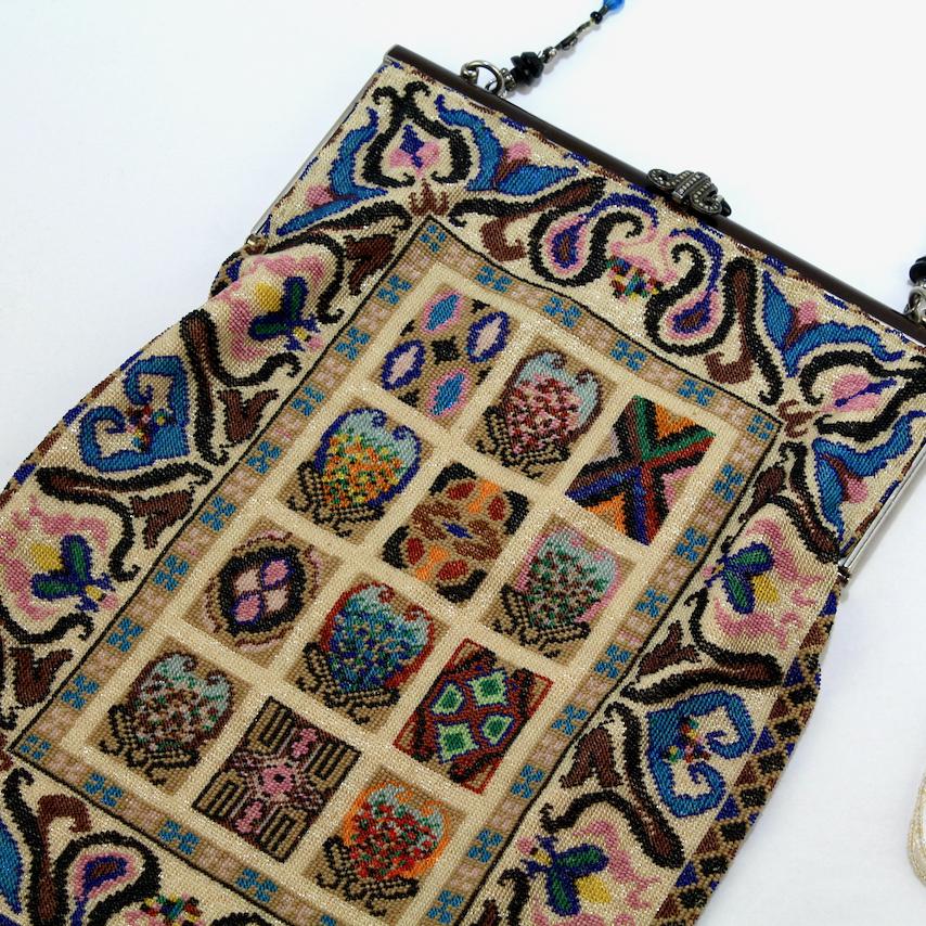 Antique Micro Rug / Tapestry Pattern Beaded Bag with an Enameled Marcasite Frame For Sale 5