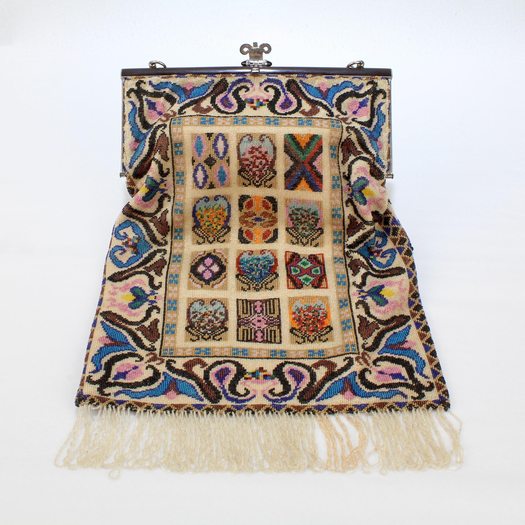Antique Micro Rug / Tapestry Pattern Beaded Bag with an Enameled Marcasite Frame For Sale 6