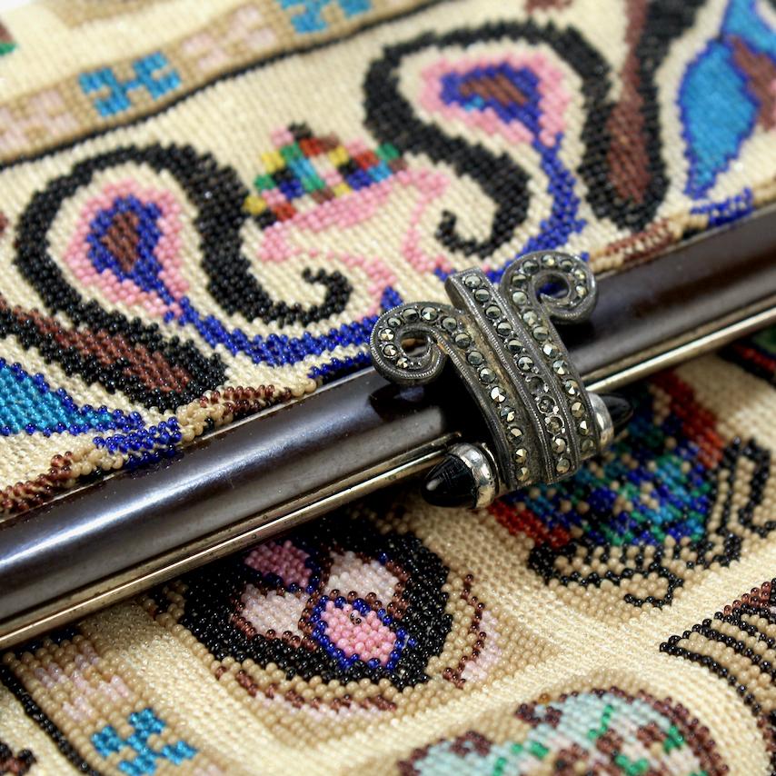 Antique Micro Rug / Tapestry Pattern Beaded Bag with an Enameled Marcasite Frame For Sale 7