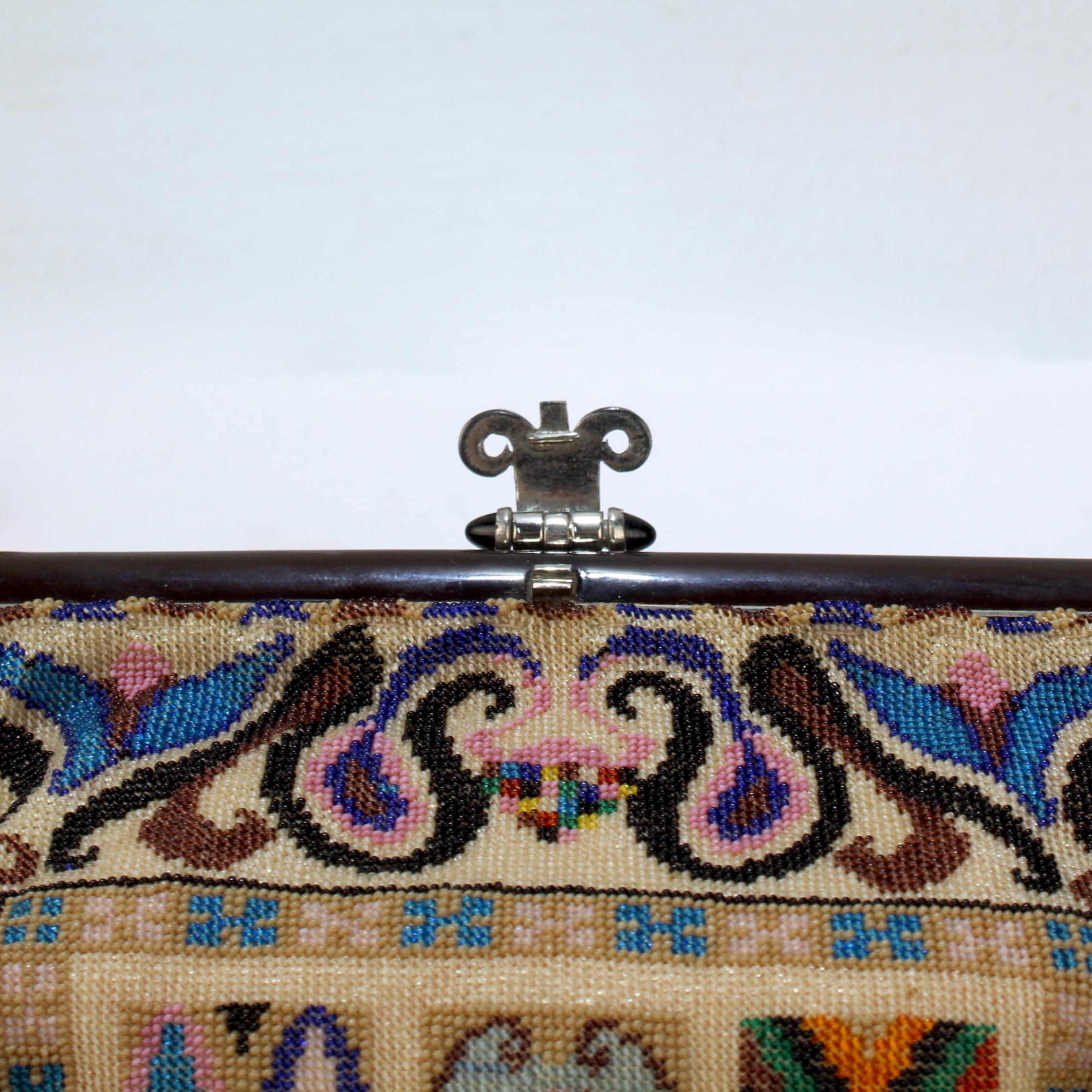 Antique Micro Rug / Tapestry Pattern Beaded Bag with an Enameled Marcasite Frame For Sale 8