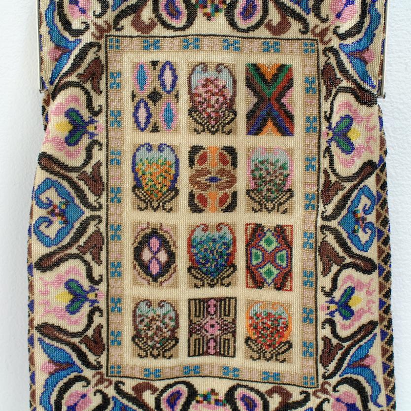 Antique Micro Rug / Tapestry Pattern Beaded Bag with an Enameled Marcasite Frame For Sale 9
