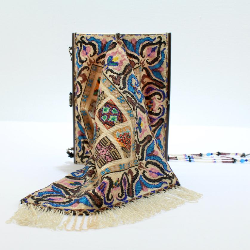 Antique Micro Rug / Tapestry Pattern Beaded Bag with an Enameled Marcasite Frame For Sale 11