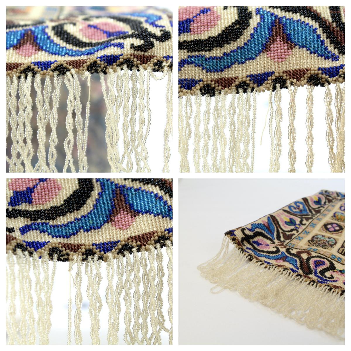 Antique Micro Rug / Tapestry Pattern Beaded Bag with an Enameled Marcasite Frame For Sale 12