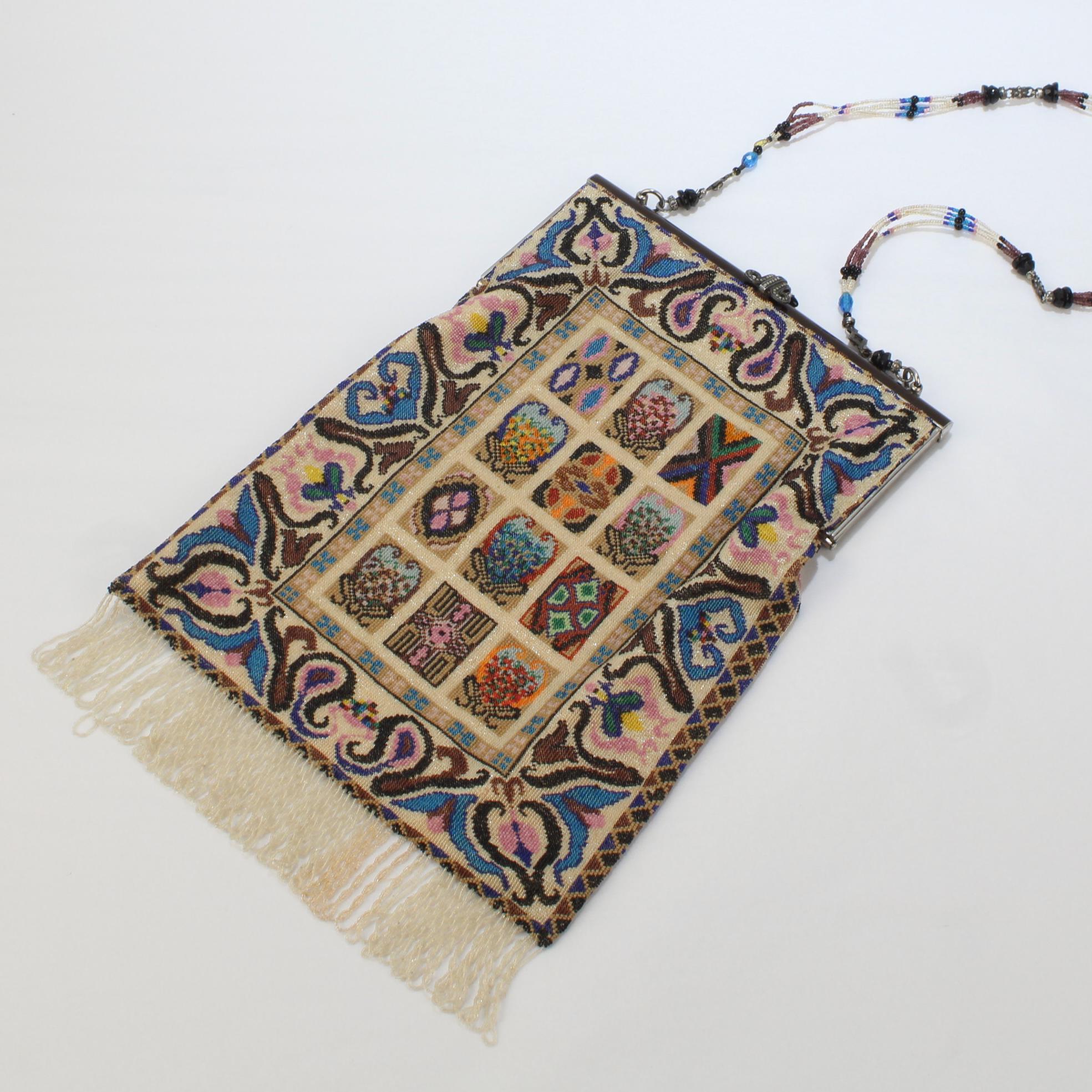 A very fine antique beaded bag.

With micro beading and a exuberant variant of a tapestry or carpet pattern.

Both sides are fully beaded in the same pattern that is reminiscent of Bakhtiari Chesti design Persian rugs which display a grid of highly