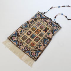 Antique Micro Rug / Tapestry Pattern Beaded Bag with an Enameled Marcasite Frame